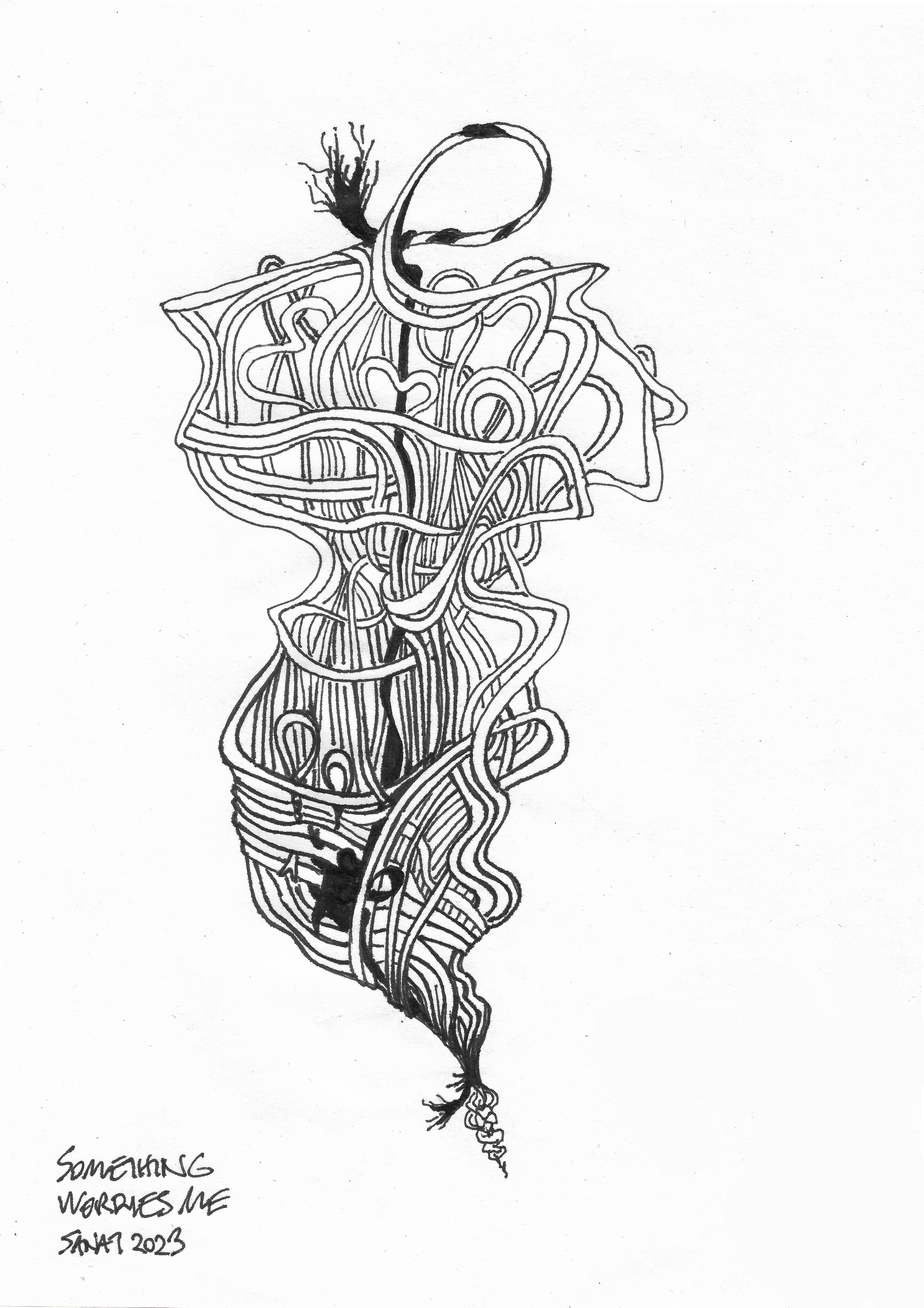 Drawing in ink pen on second pulp paper, 20x28 cm, 2023