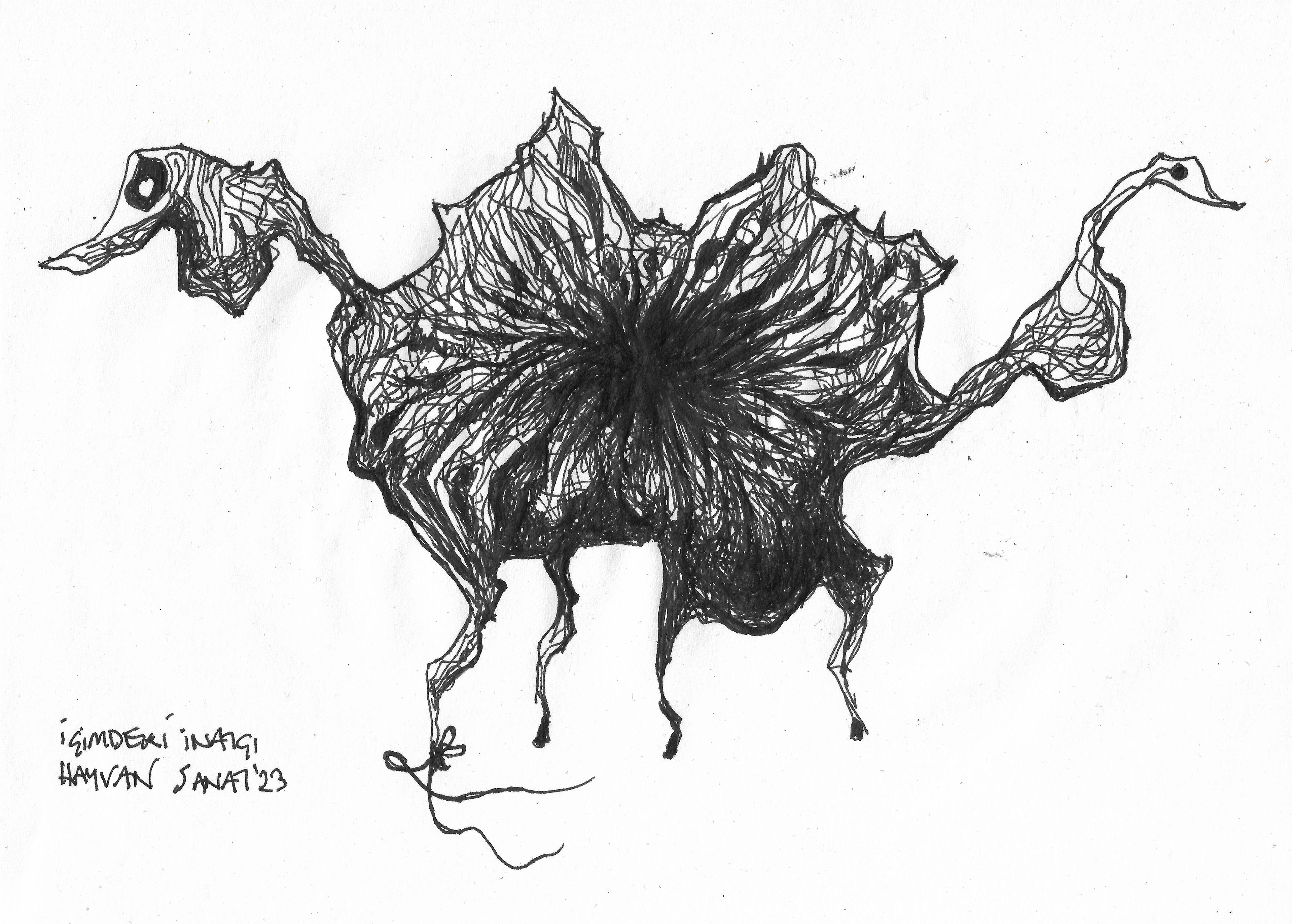 The Stubborn Animal Inside Me // Drawing in ink pen on second pulp paper, 28x20 cm, 2023