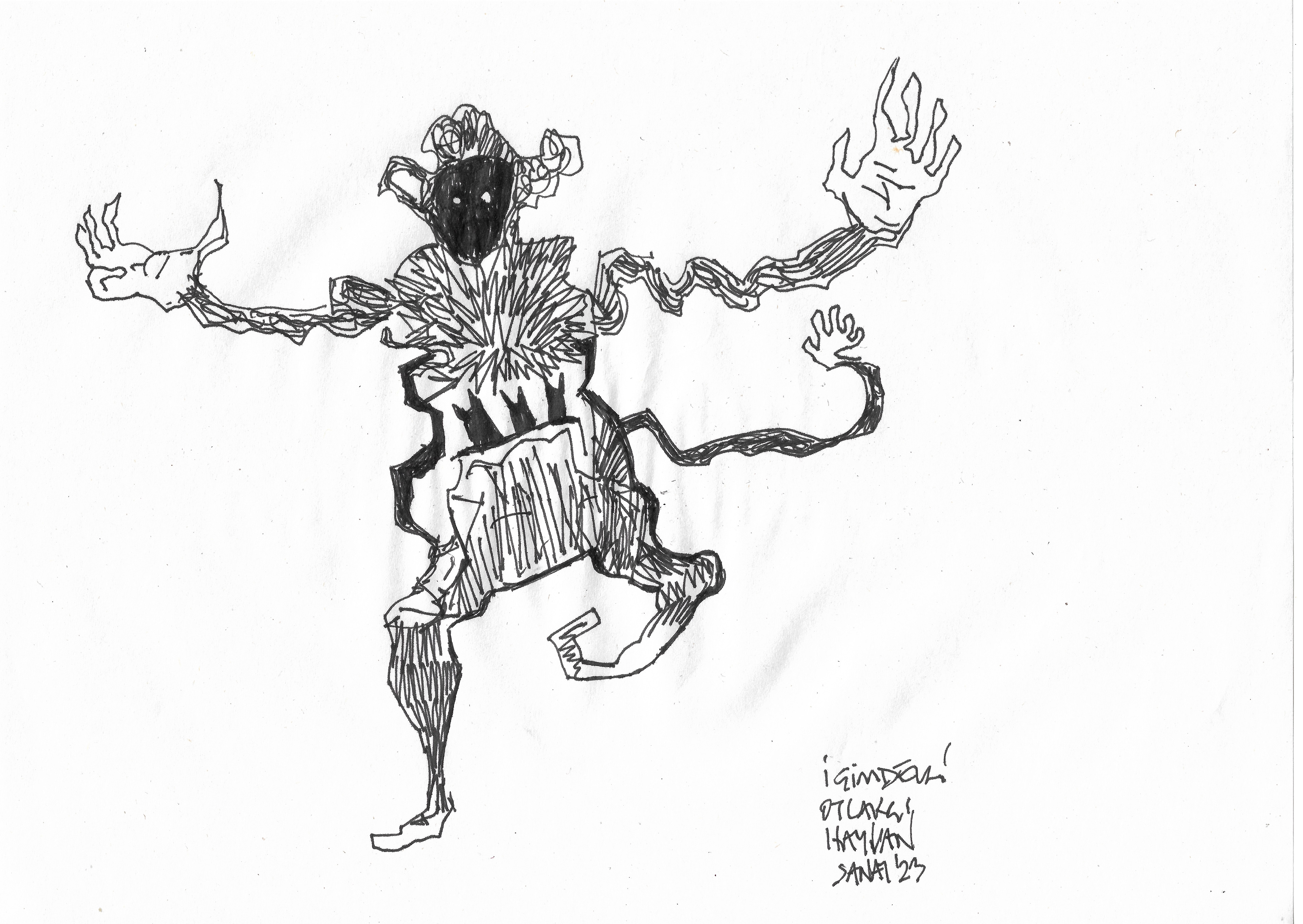 The Freeloader Animal Onside Me // Drawing in ink pen on second pulp paper, 28x20 cm, 2023