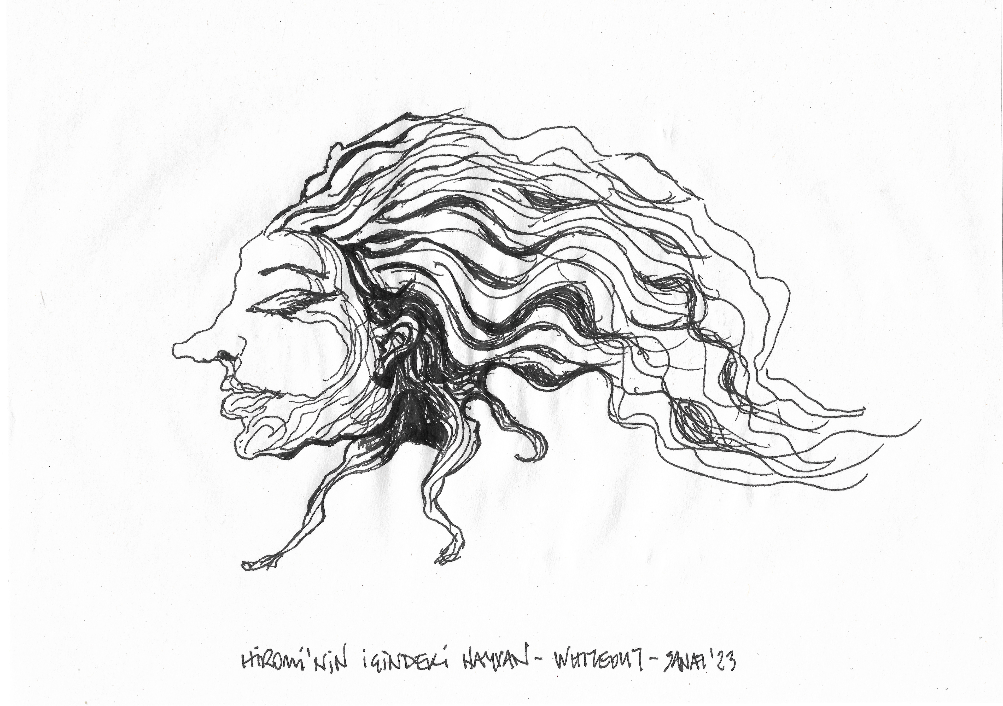 The Animal Inside Hiromi, Sketch realized by following the playing patterns of the track "Whiteout" from the 2019 album SPECTRUM by Hiromi Uehara. // Drawing in ink pen on second pulp paper, 28x20 cm, 2023