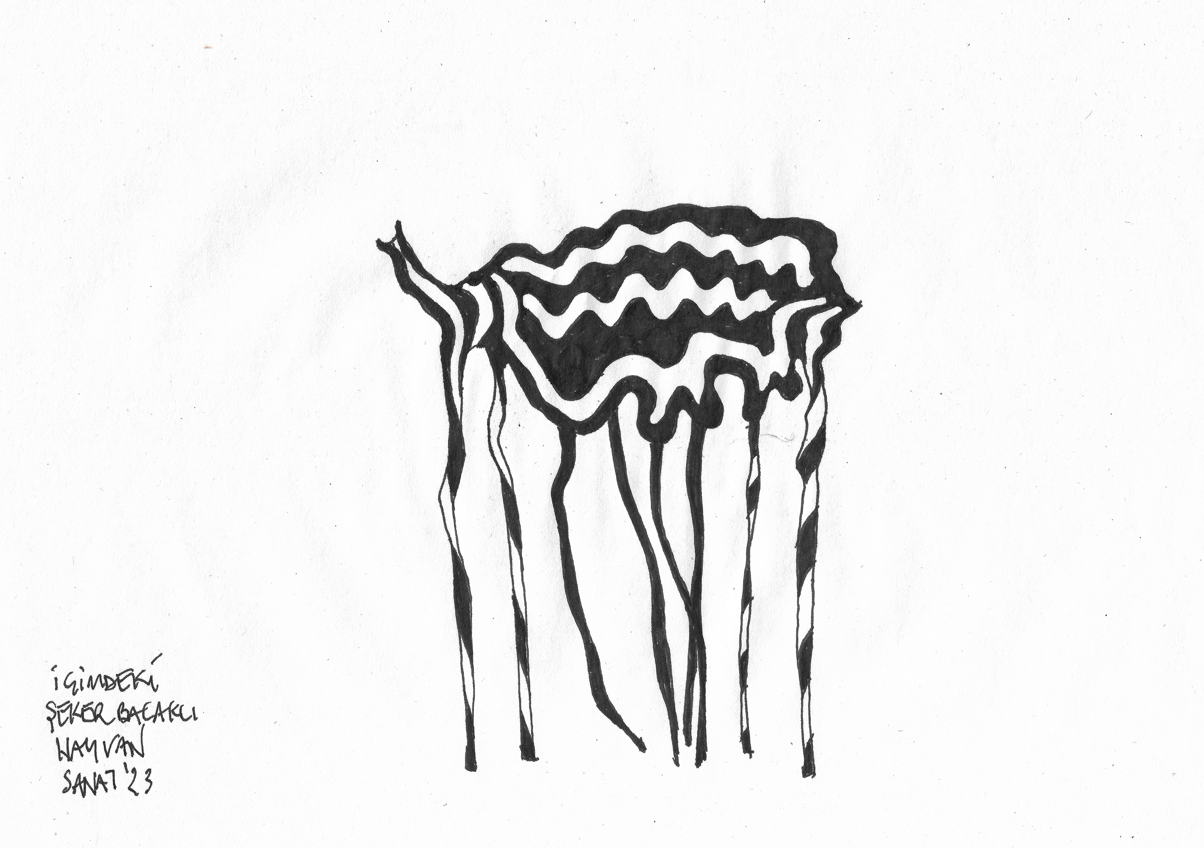 The Candy-Legged Animal Inside Me // Drawing in ink pen on second pulp paper, 28x20 cm, 2023