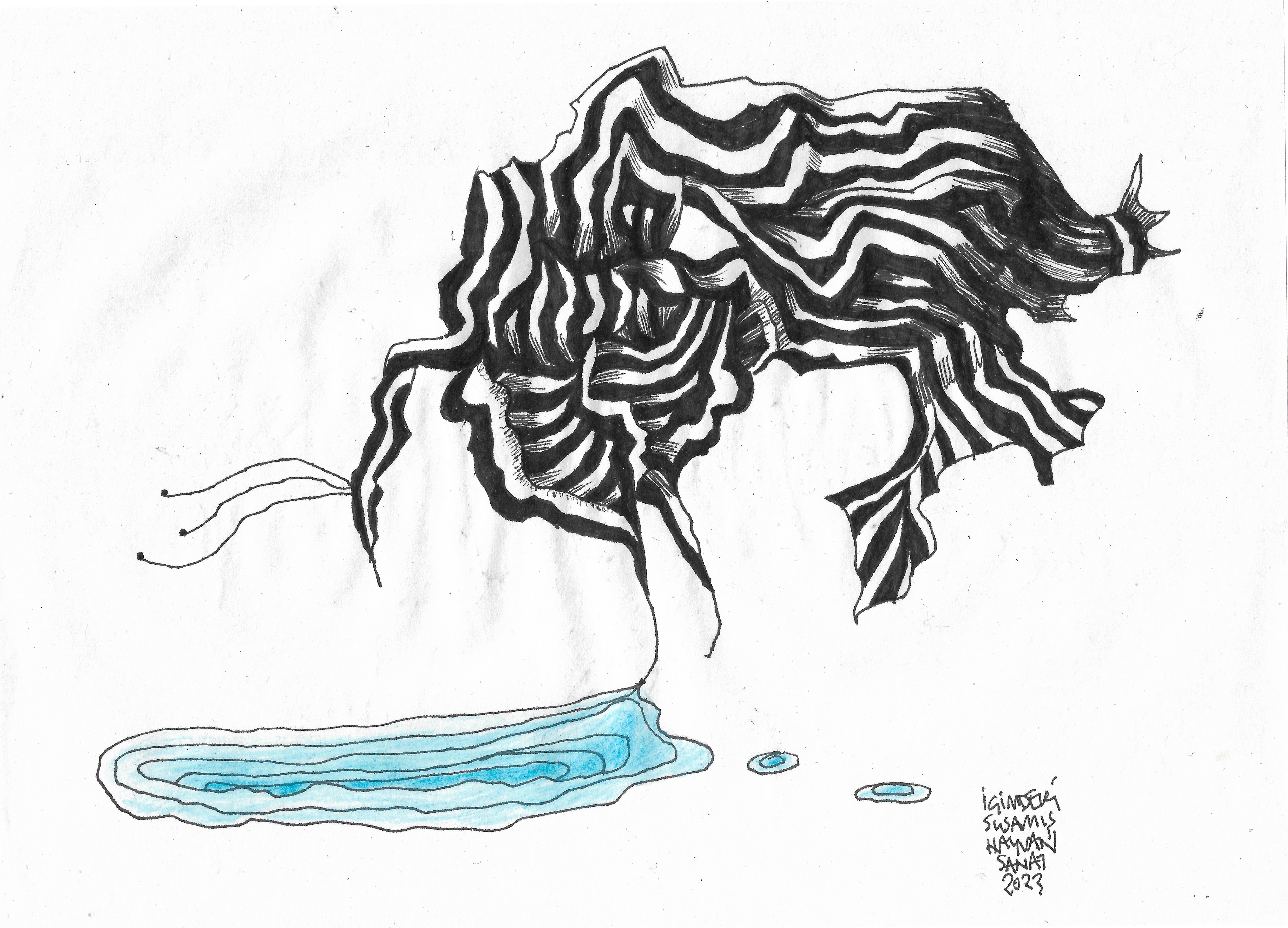 Animal in Flux 2 // Drawing in ink pen on second pulp paper, 28x20 cm, 2023