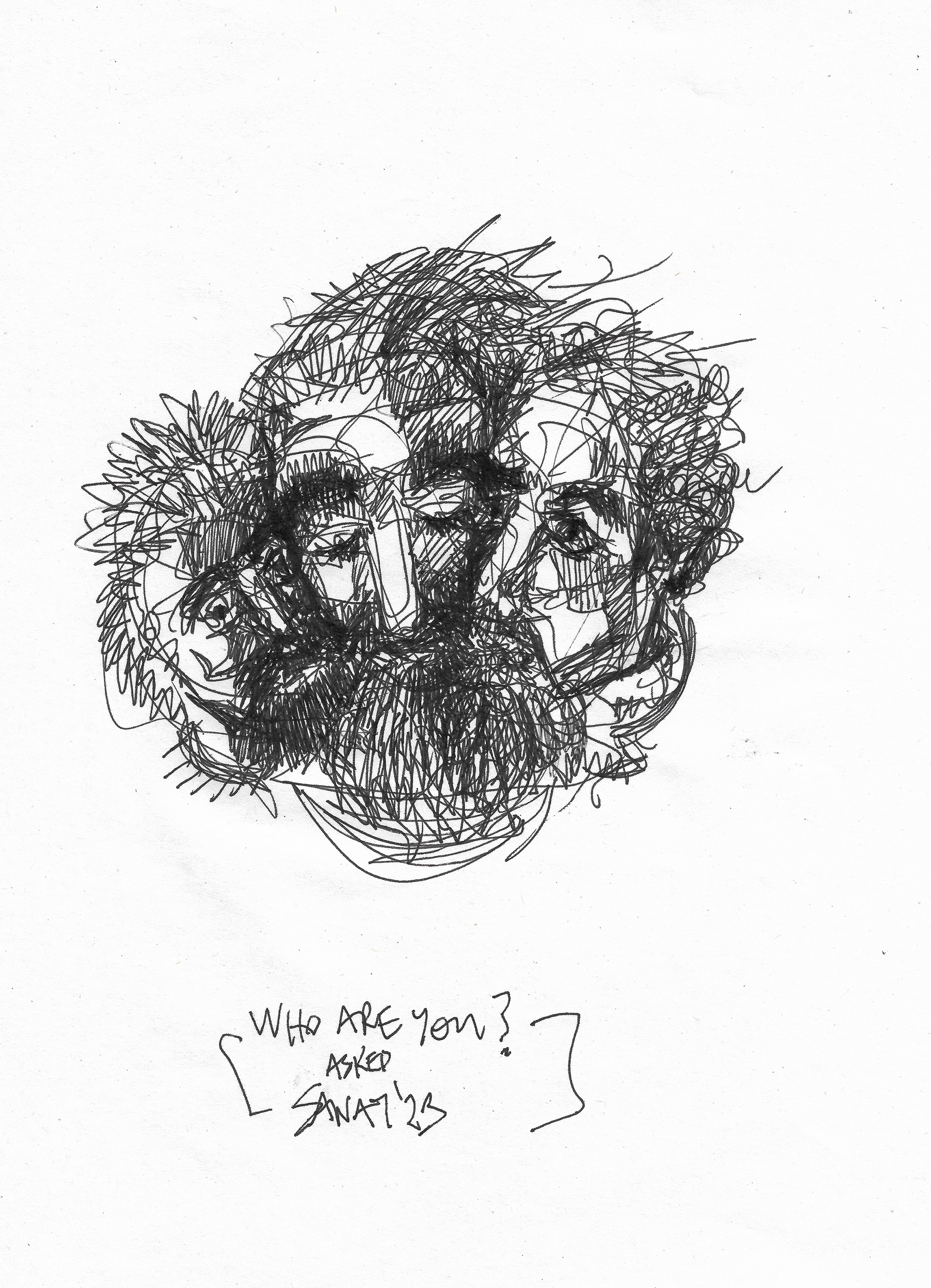 Who Are You? // Drawing in ink pen on second pulp paper, 28x20 cm, 2023