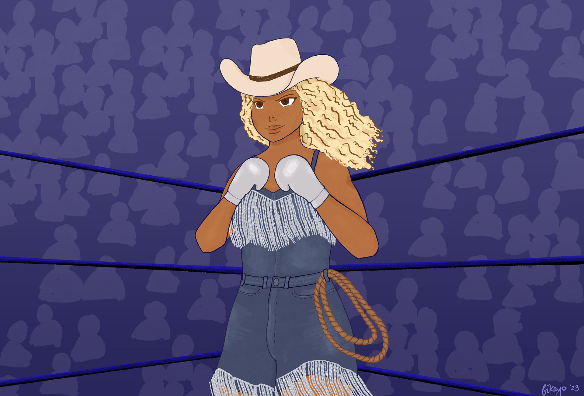 This is an illustration of a cowgirl in a boxing ring