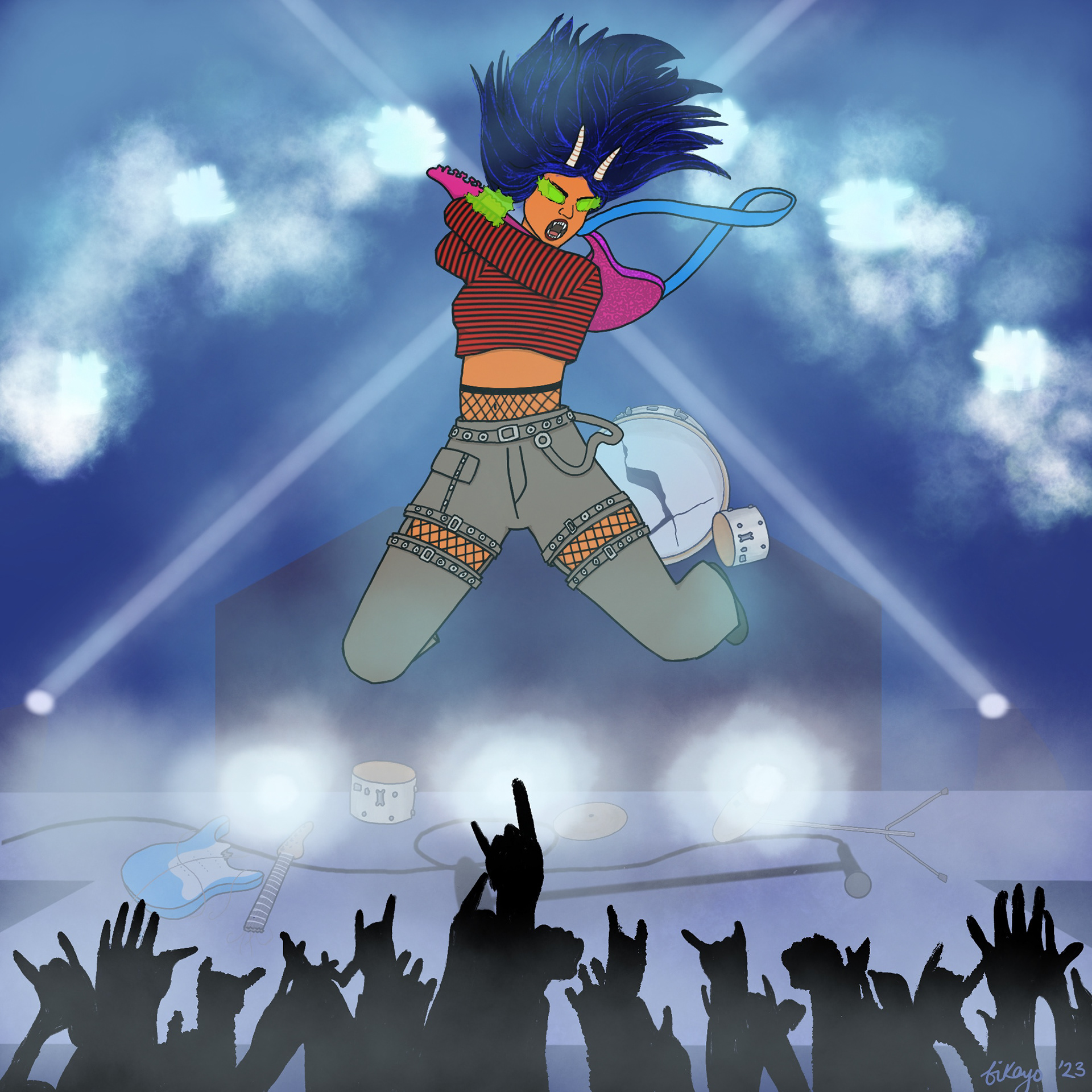 This is an illustration from the prompt: "Show a female orc demon hunter musician wearing punk attire. She is aggressively swinging a bass guitar down, smashing it on the stage where she is performing. Other broken instruments can be seen behind her."
