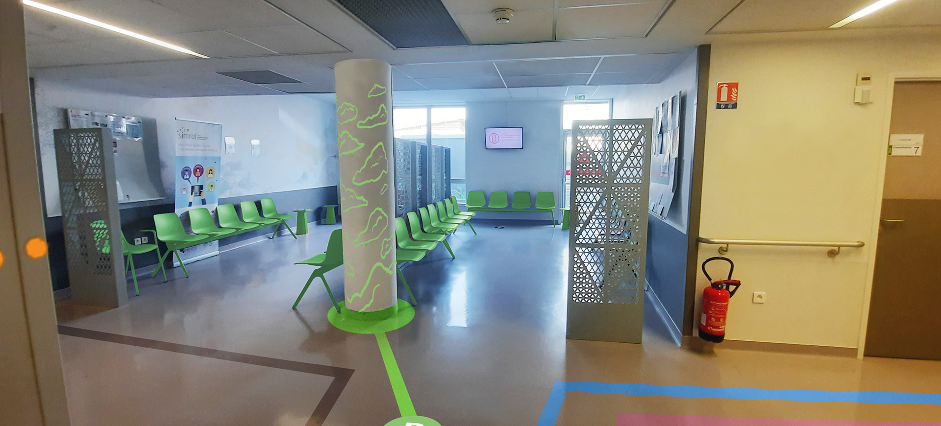 Salle d'attente B de la même couleur que la ligne qui la relie