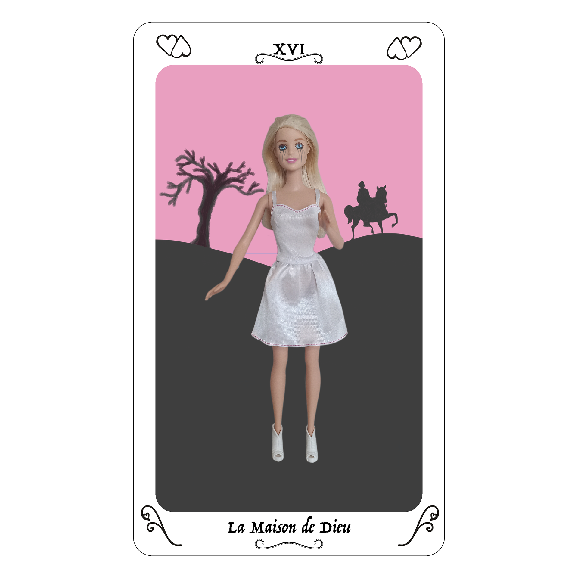 XVI Le Maison De Dieu. L’arbre mort dans le fond représente l’échec. Vous avez été quitté par votre amour. Votre humilité et votre égo s’en trouve anéanti par cette épreuve. Dans le fond vous apercevez aussi une silhouette à cheval, c’est peut- être le prochain prince charmant qui arrive. Séchez vos larmes, l’amour revient toujours.