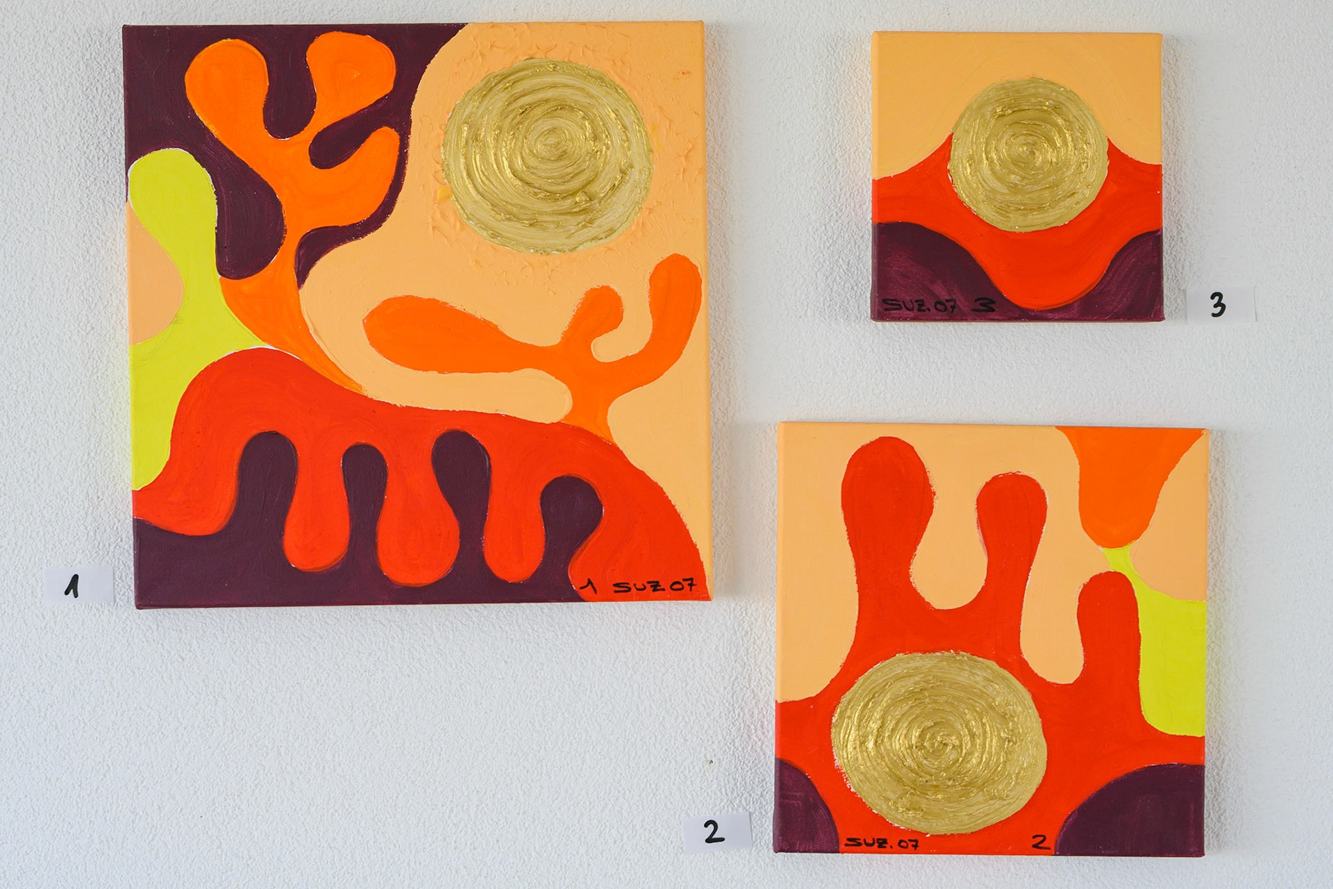 Acryl 1–3: 40 x 40, 30 x 30, 20 x 20 cm. VERKAUFT
