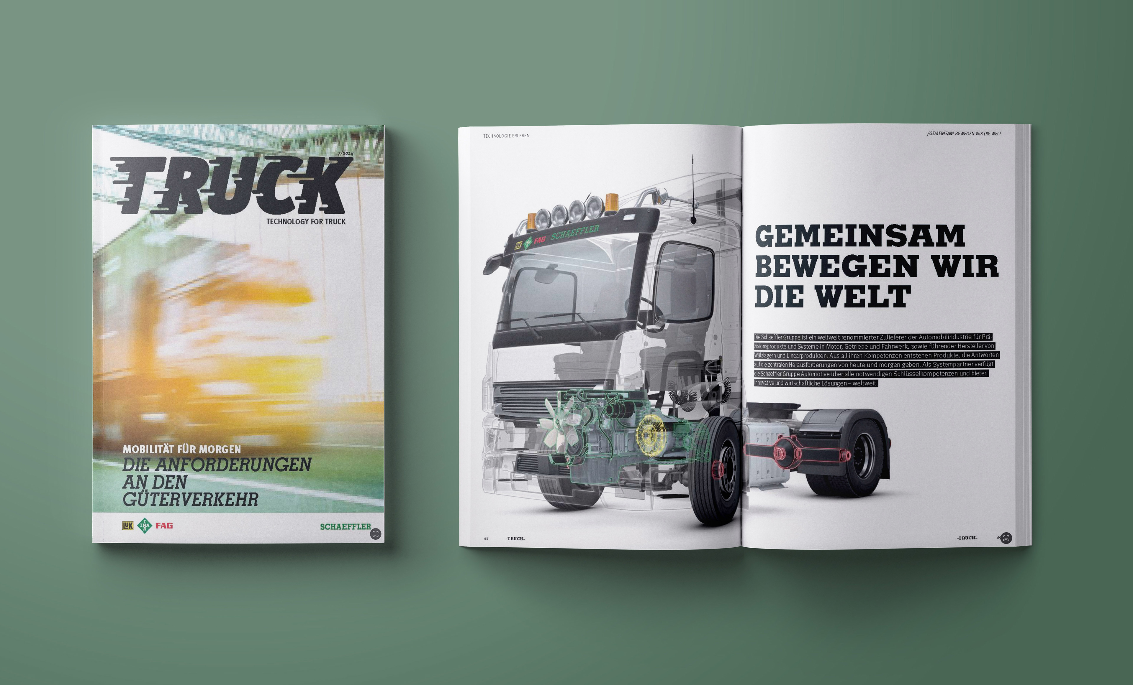 Magazincover "Truck" mit minimalistischer Titelgestaltung und Doppelseite mit großem technischen Einstiegsbild