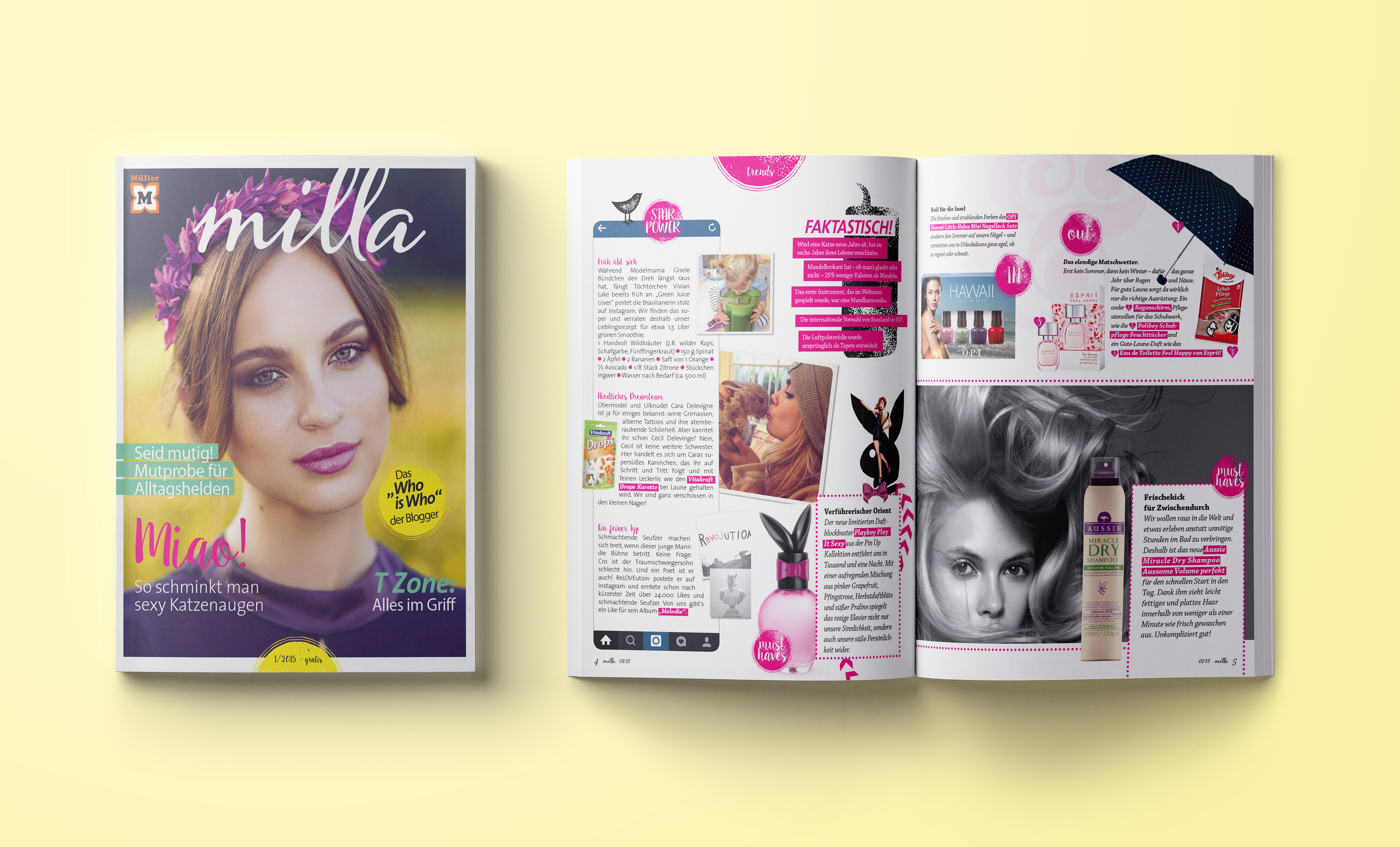 Editorial Design Magazin Titel "Milla" mit Doppelseite typografische Hierarchie im Layout, verspieltes Design
