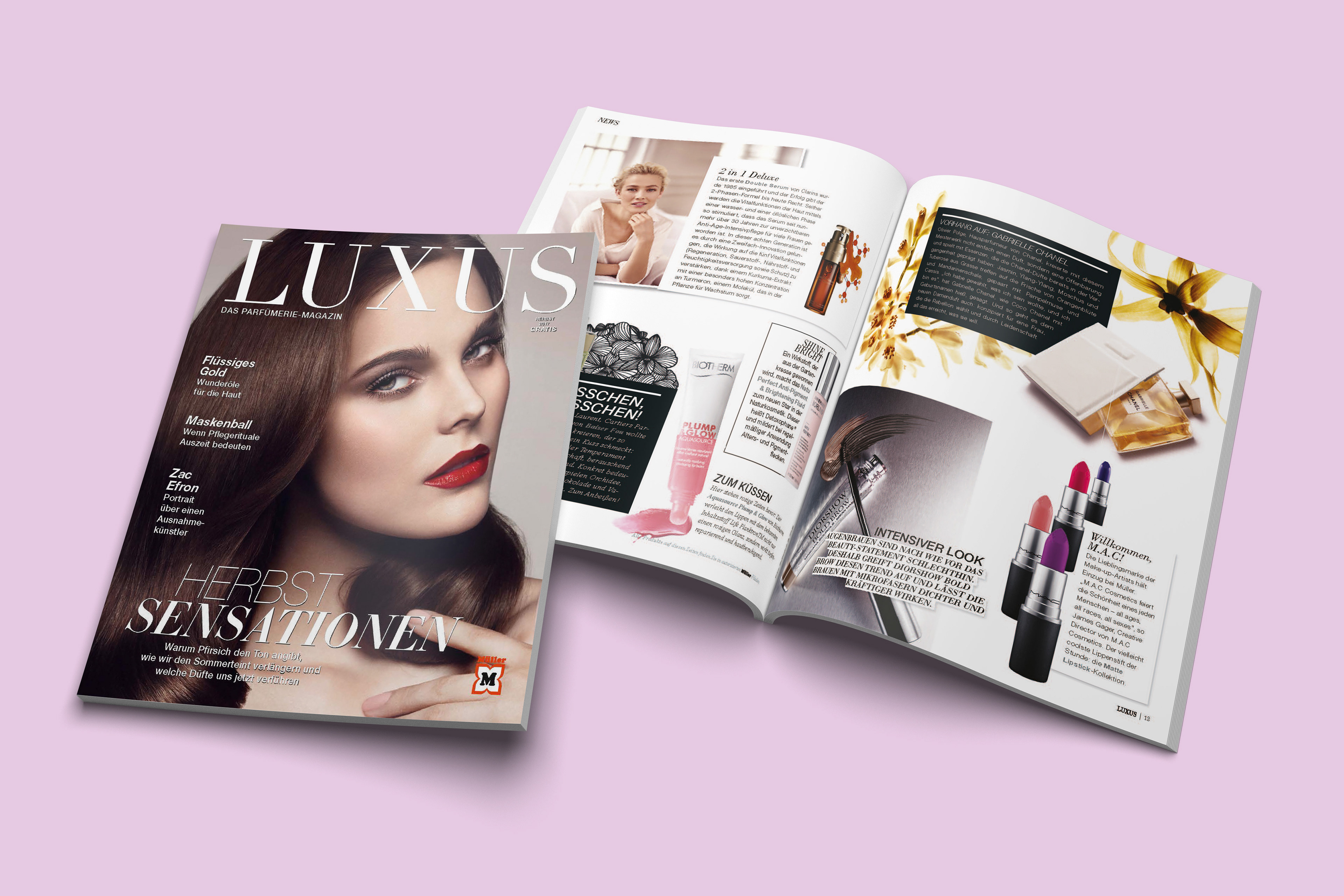 Editorial Design Magazincover "Luxus" mit klarer Typografie und Bildkomposition und Doppelinnenseite
