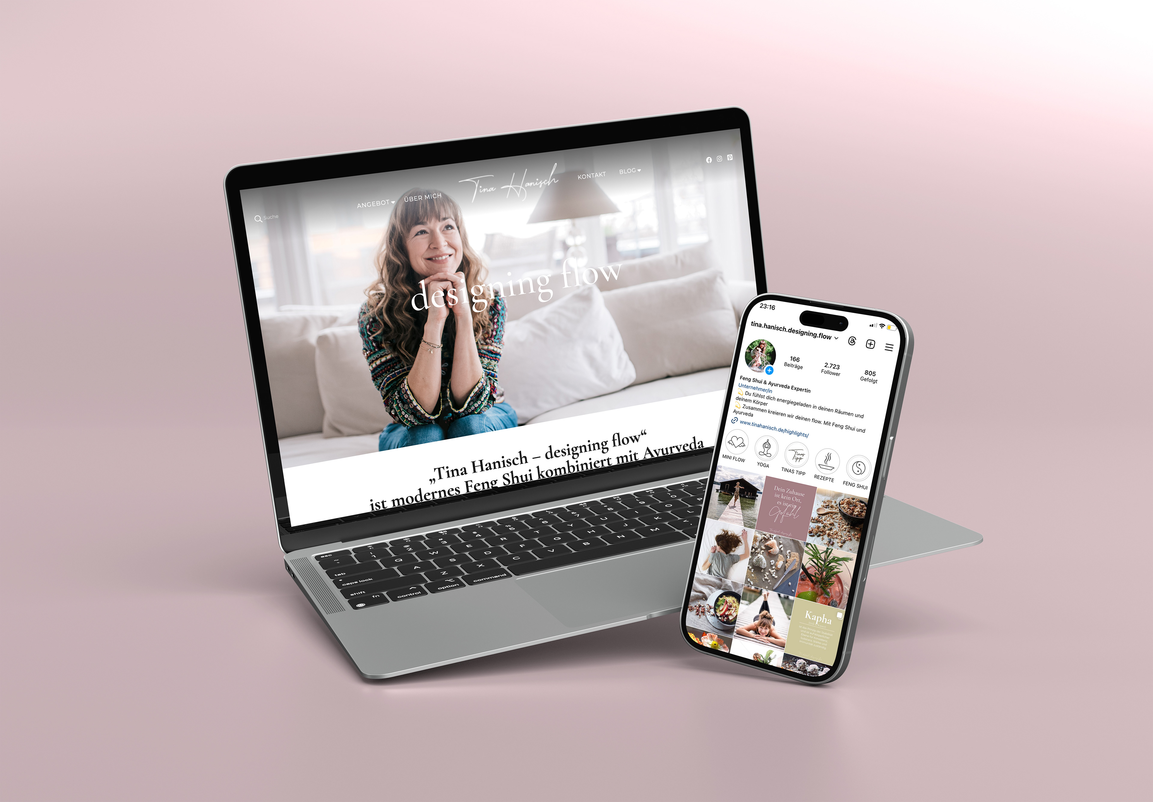 Webdesign für Personal Brand mit strukturierter Navigation, Instagram Auftritt