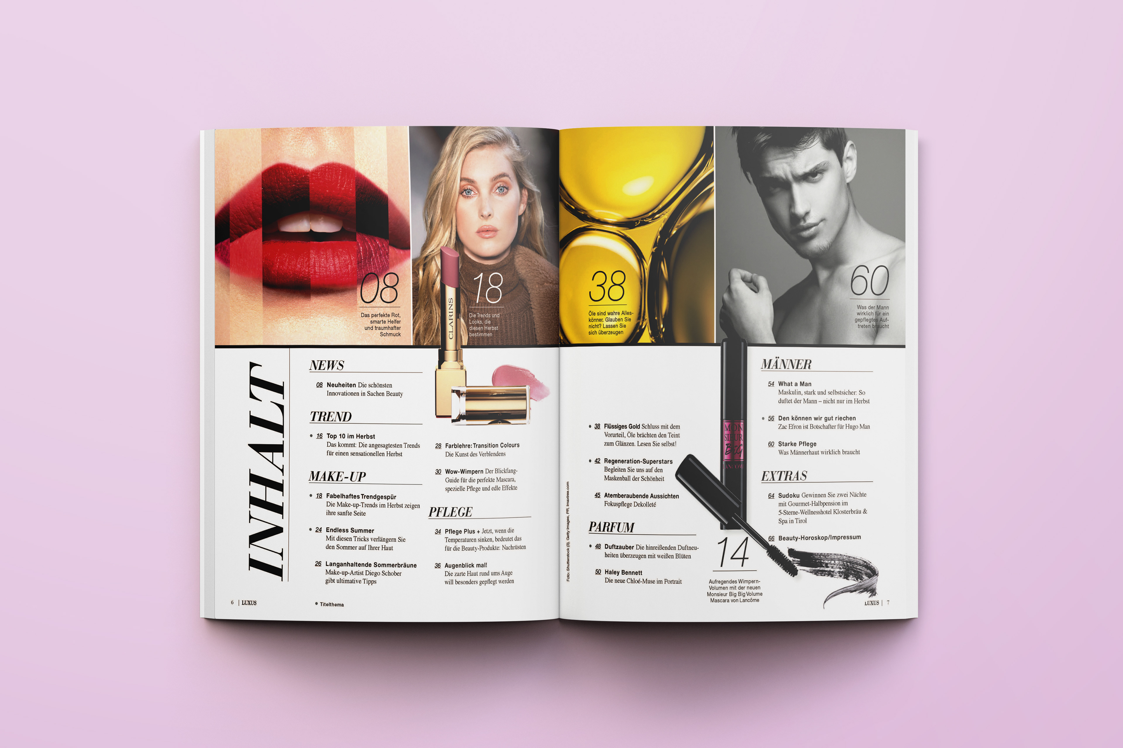 Editorial Design Magazin Inhaltsseite mit klarer Struktur und Bildkomposition