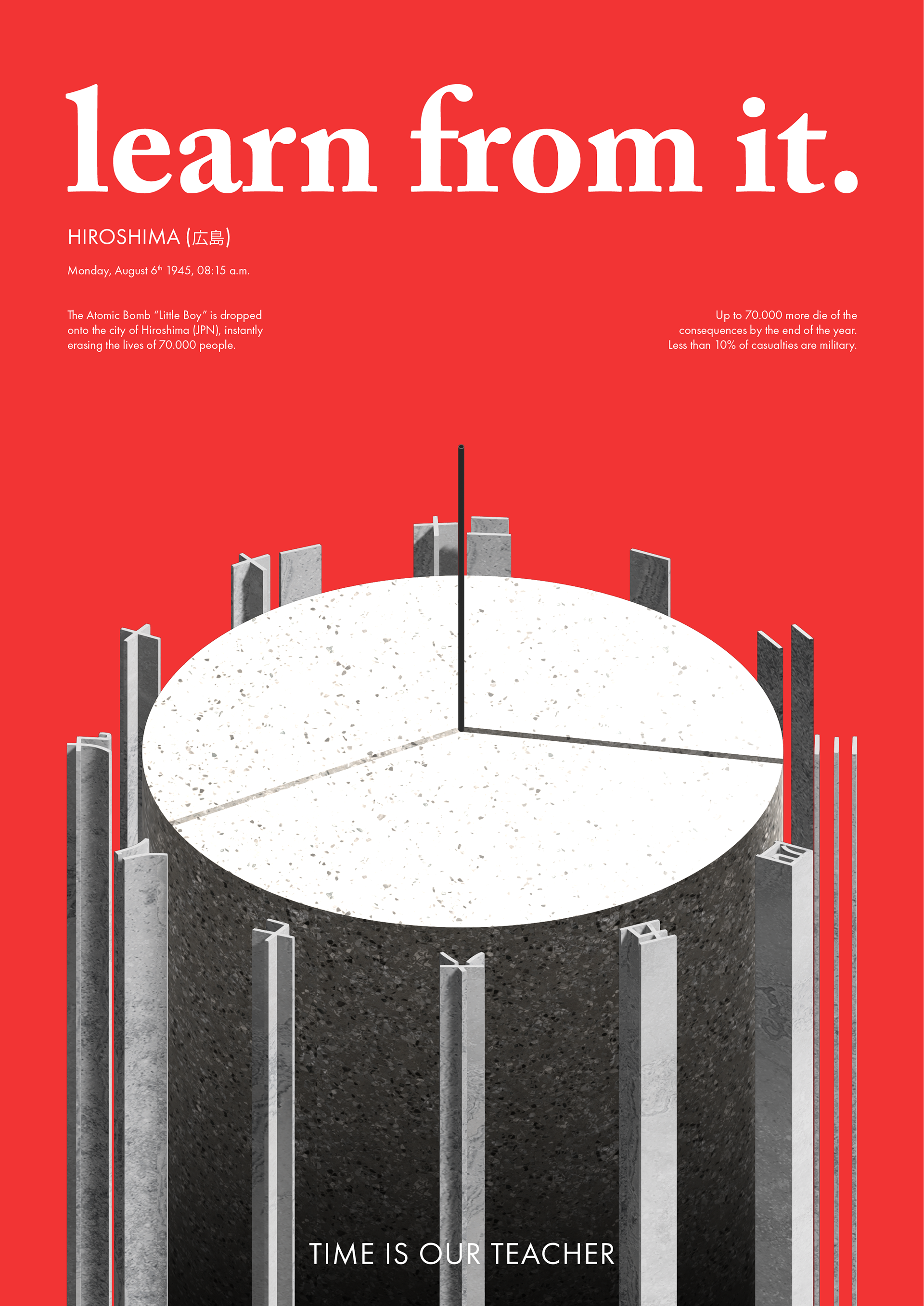 "Learn From It.": A fictional sundial references the Hiroshima bombing in 1945, where the explosion froze city clocks at 8:15 AM. A lighter shadow represents the sun’s natural light, while a darker one marks the atomic blast’s impact.