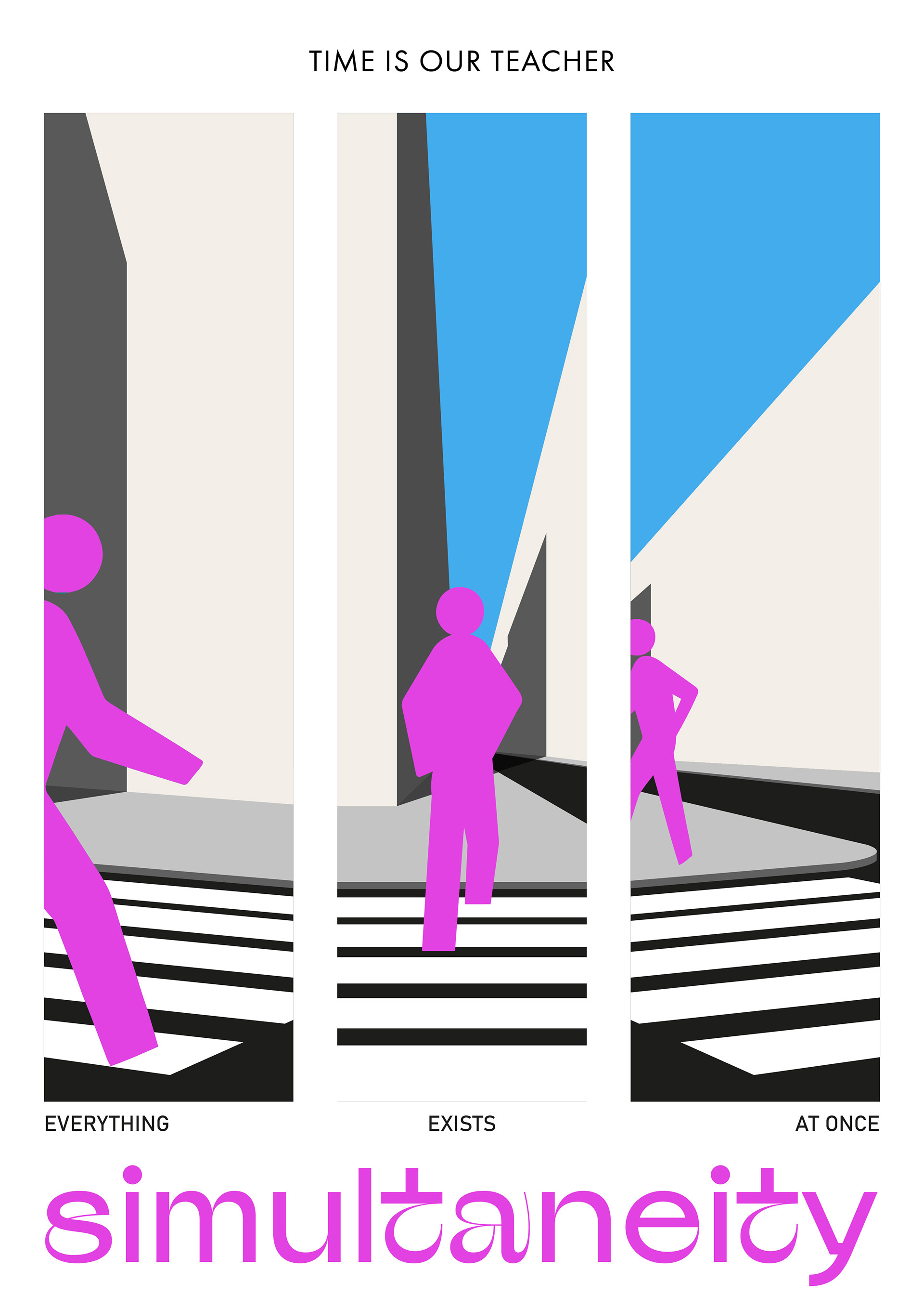 "Simultaneity": Depicts the theory that past, present, and future coexist. Three perspectives show a person crossing a street, visually demonstrating how time is relative to the observer.