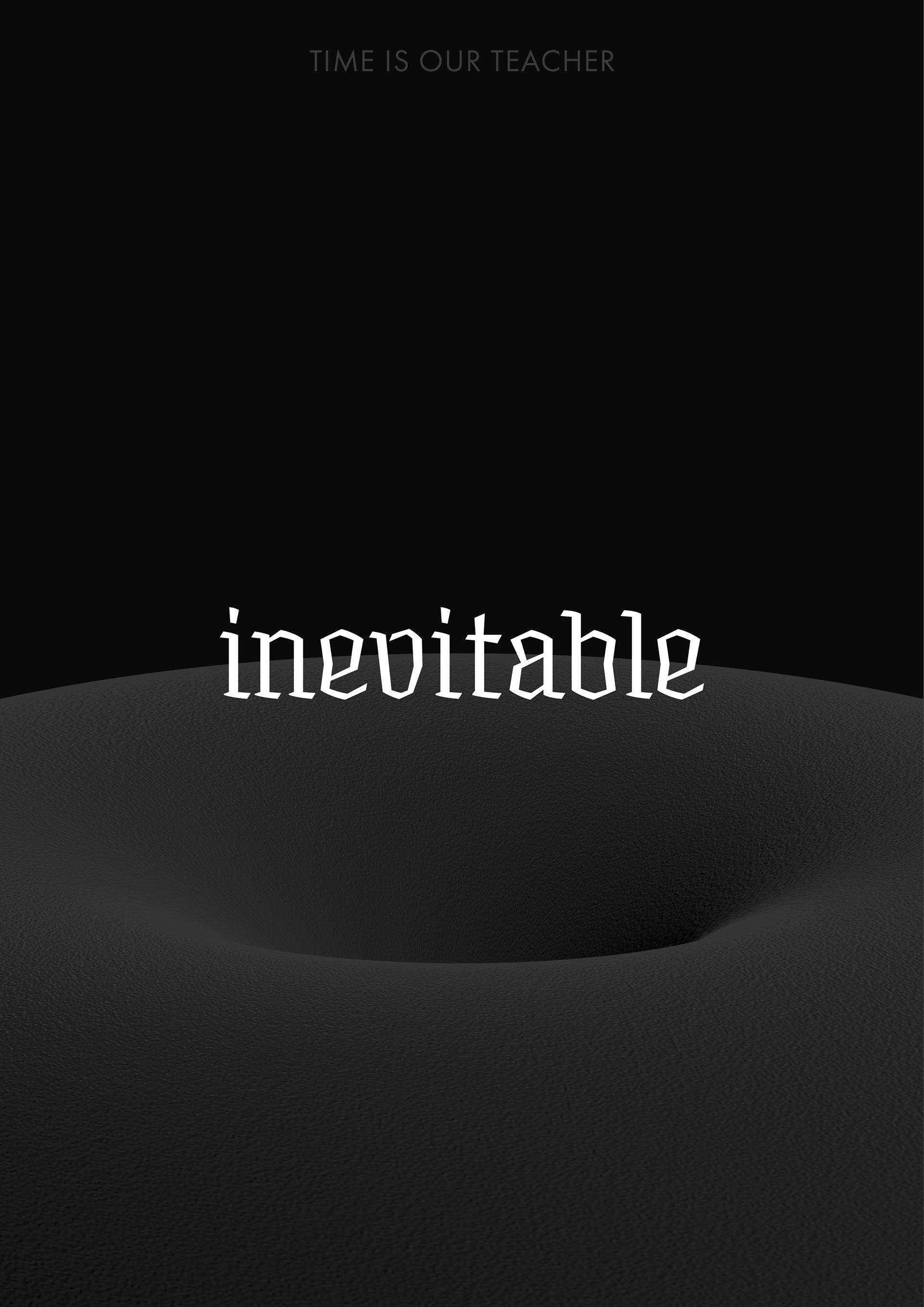 "Inevitable": A three-dimensional hourglass illustrates the flow of time. The title "inevitable" highlights the inescapable passage of time. The sand represents both the movement of time and the finite nature of human existence.