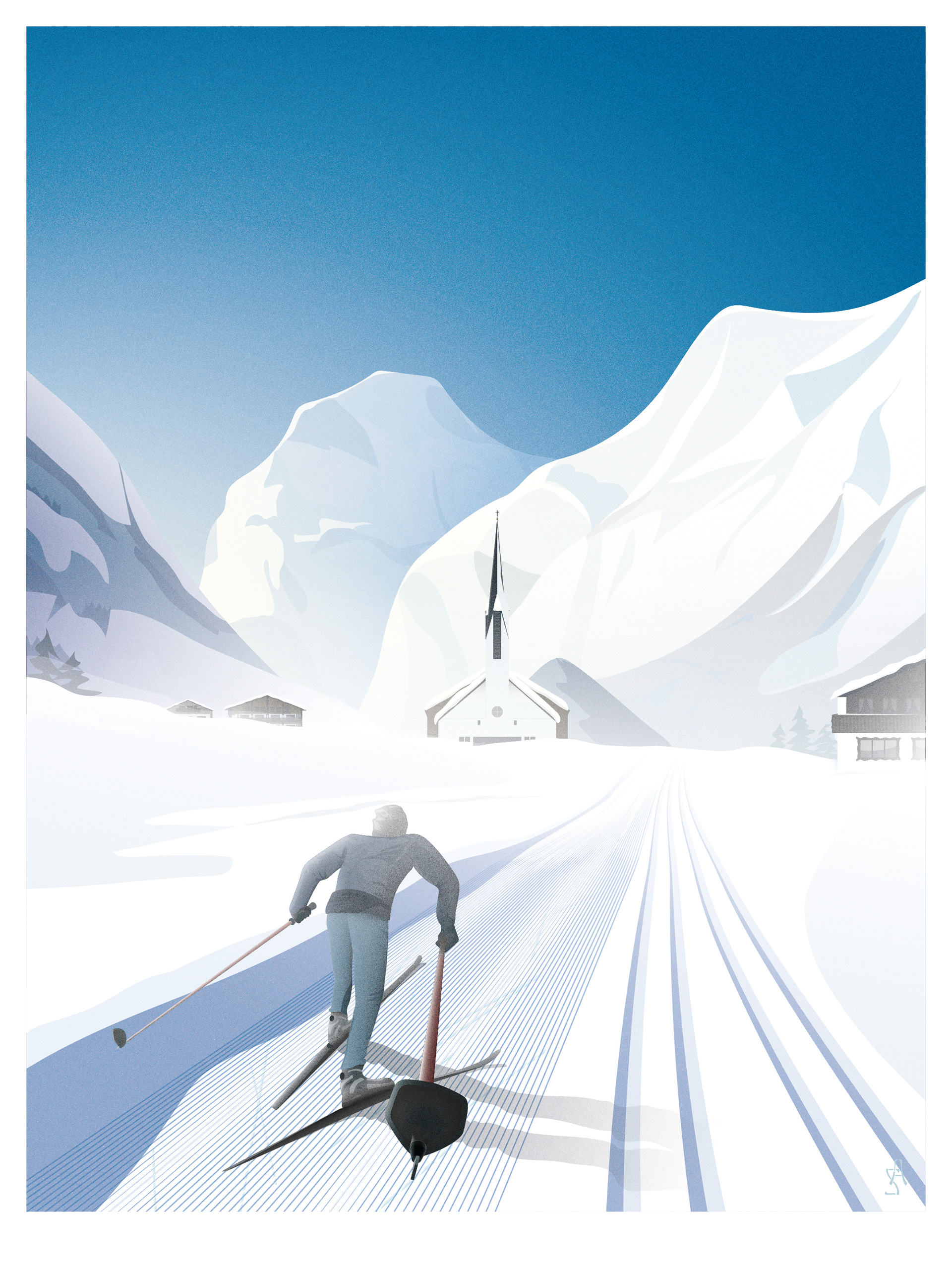 Pertisau am Achensee, Illustration of a cross country skier, the gothic church of Pertisau in the snow, Tristenau, Sonnjoch, Achensee, Loipe, Kunst, Vektor, Sebastian Albrecht, Perspective Drawing, Langlauf, Schnee, Gothische Kirche, Österreichische Kunst, New Art, Local Artist, Schnee, Winterkleid, Hoamage, sadesign