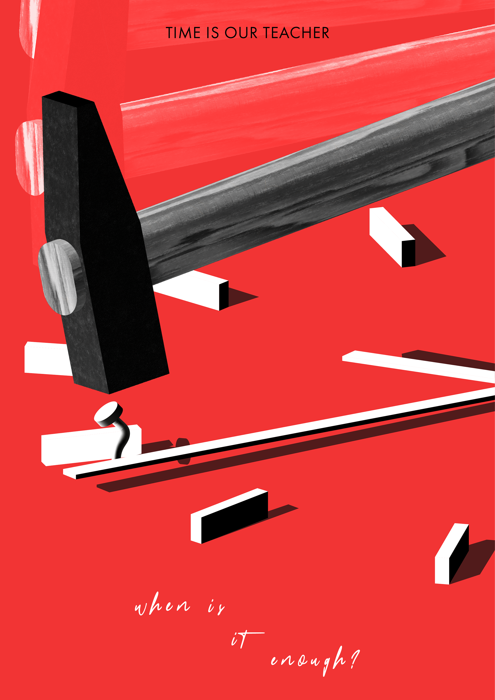 "When Is It Enough": A hammer driving a nail into a clock represents an attempt to stop time, symbolizing euthanasia, suicide, and existential questions about life’s limits.