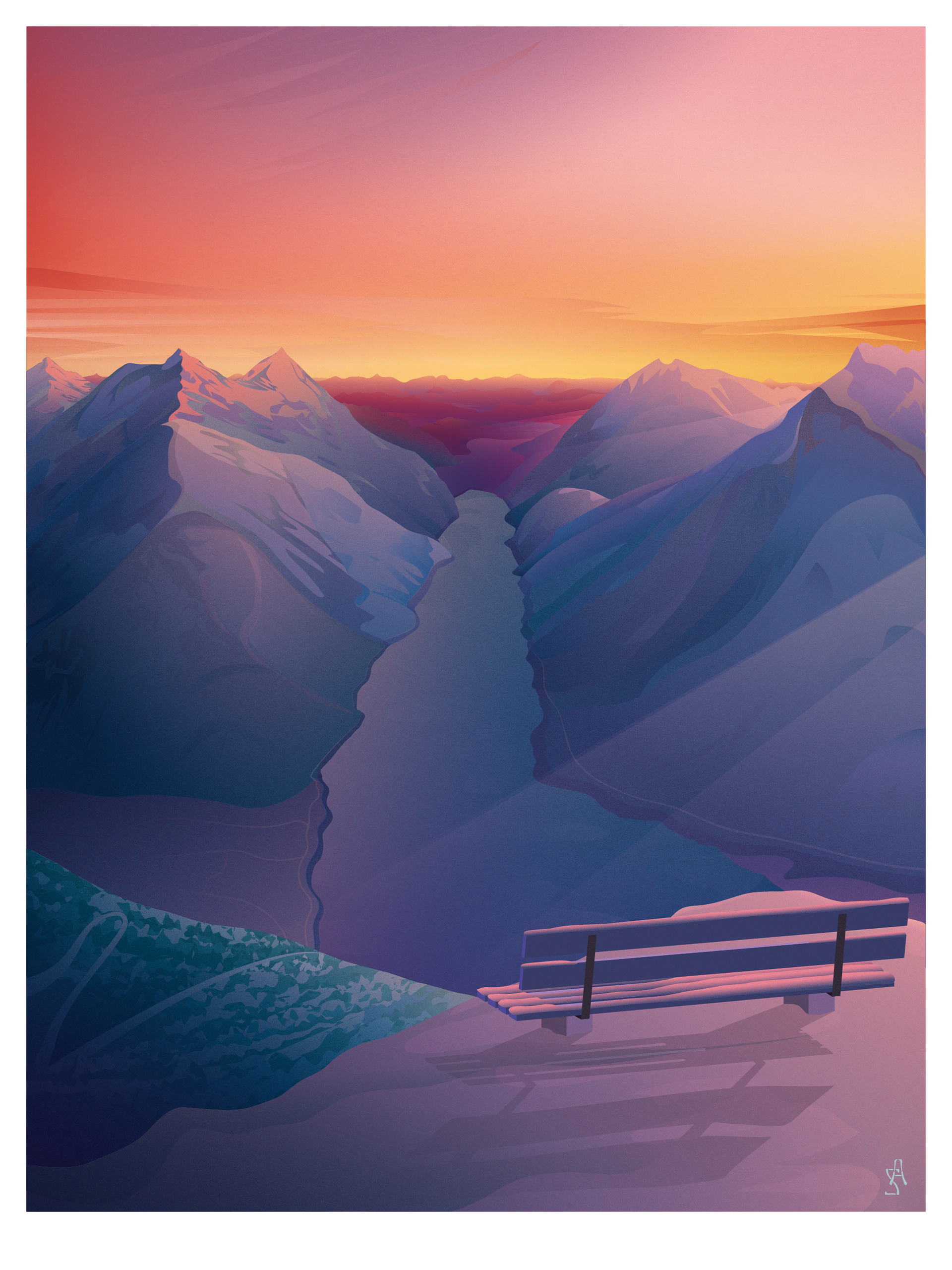 Achensee im Morgenrot, Lake Austria, Tirol, Tyrol, Local Art, Illustration, Vector Art Austria, Achensee, Bärenkopf, Pertisau, Maurach, Achenkirch, Sonne über den Bergen, Lieblingsplatzl, Loral Artist, Mountain Illustration, Mountainrange, Seeberg, Rofan, Karwendel, Alpen, See, achensee illustration