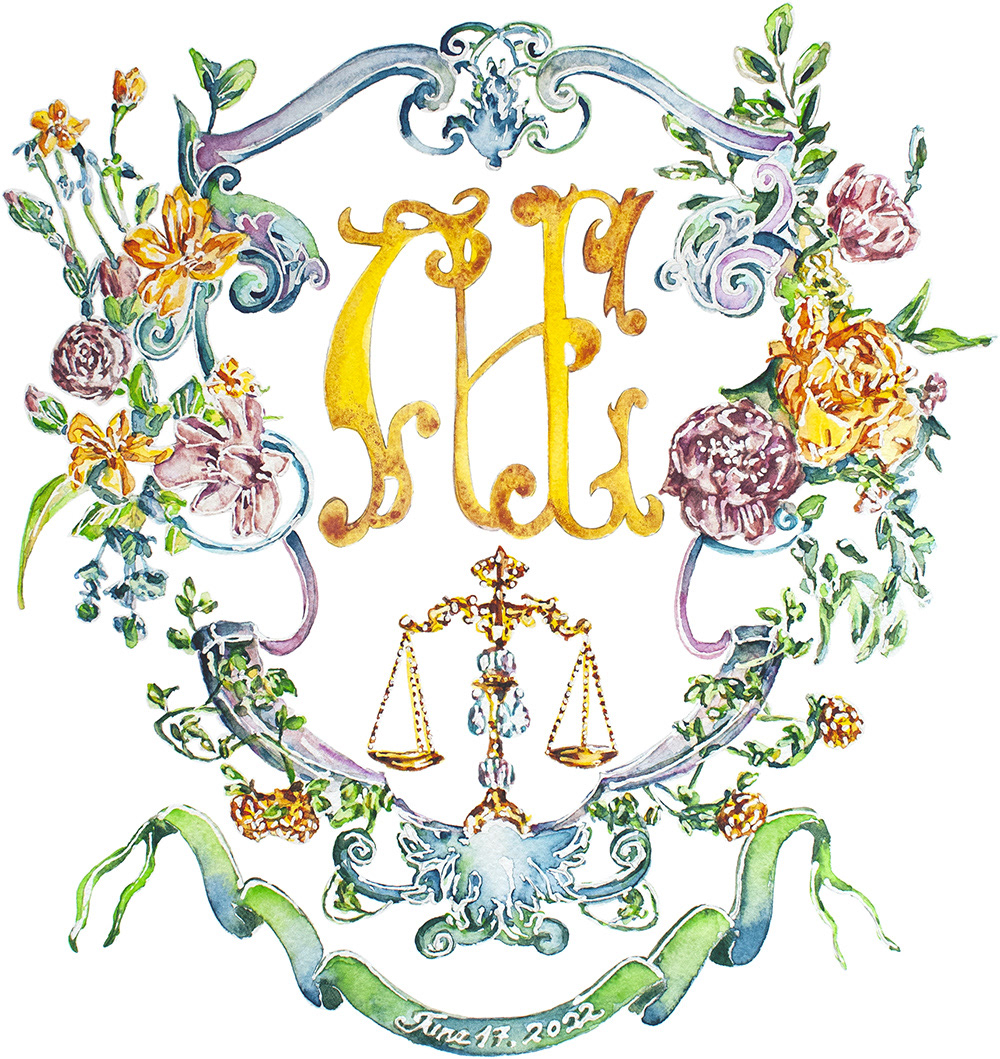 Romantic French Garden themed watercolor crest I made for a couple of lawyers, with a vintage scales of justice in it