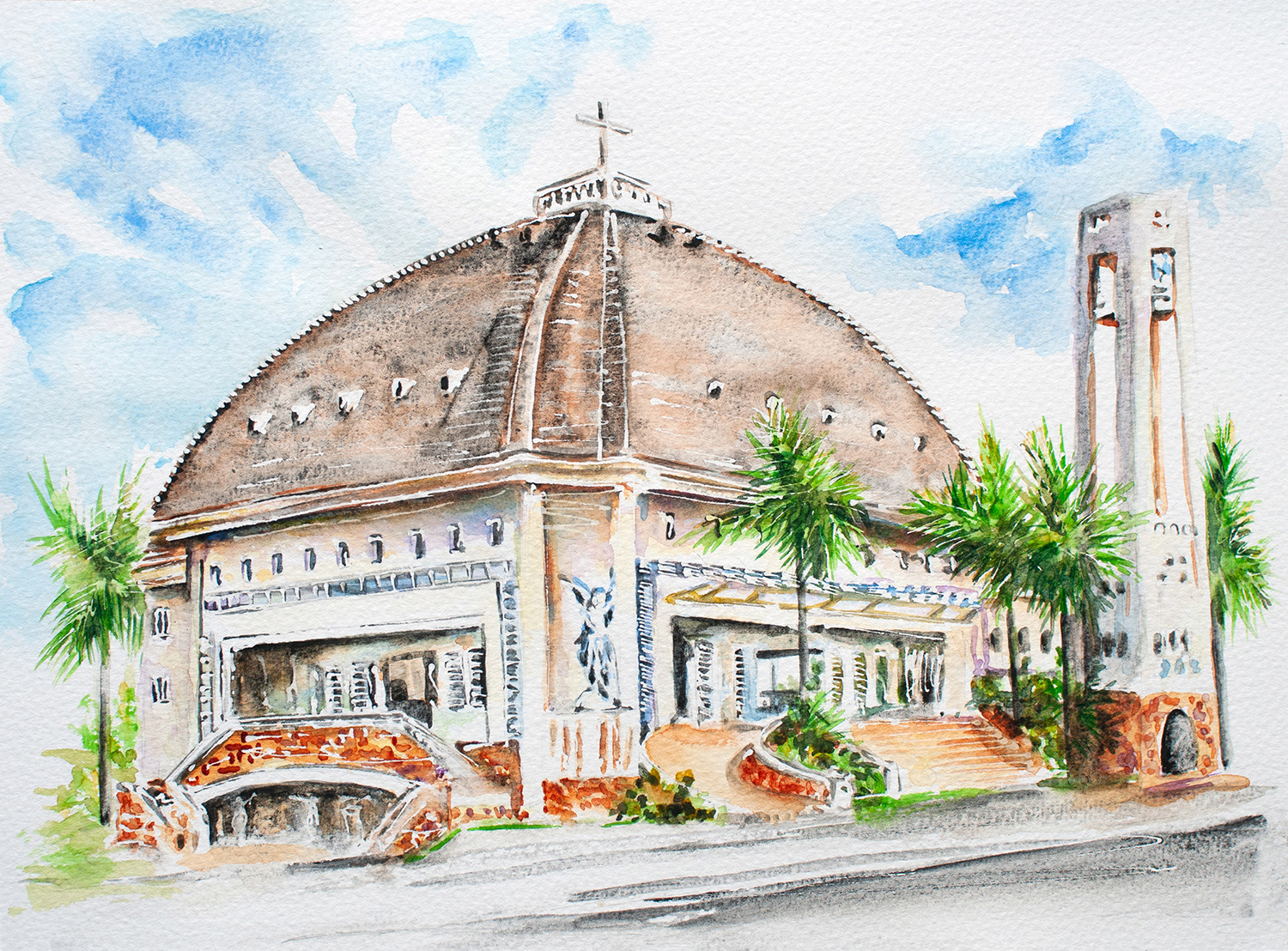 Nhà thờ Giáo xứ Thiên Thần, catholic church in Ho Chi Minh City, Vietnam, custom watercolor illustration