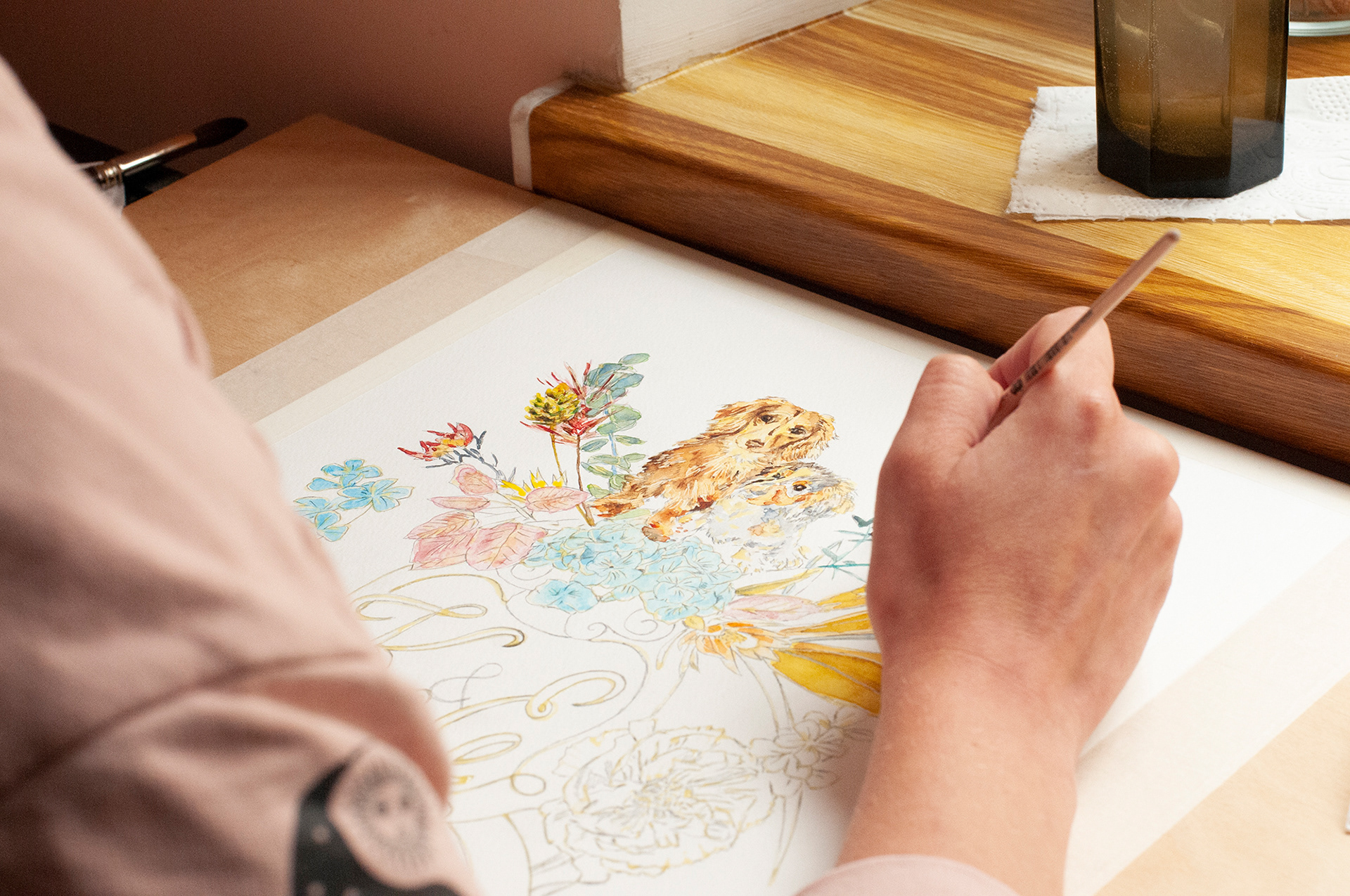 Drawing an autumn themed crest with two lovely dachshunds in it, photo of the work in progress