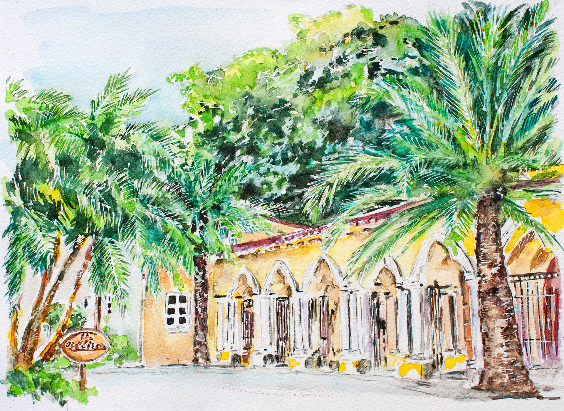 Watercolor venue sketch of The Addison place in Boca Raton, Florida. Used for custom envelope liners