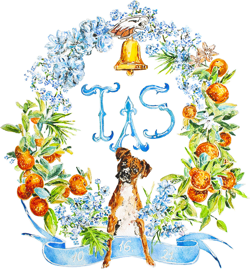 Custom wedding crest with a boxer dog