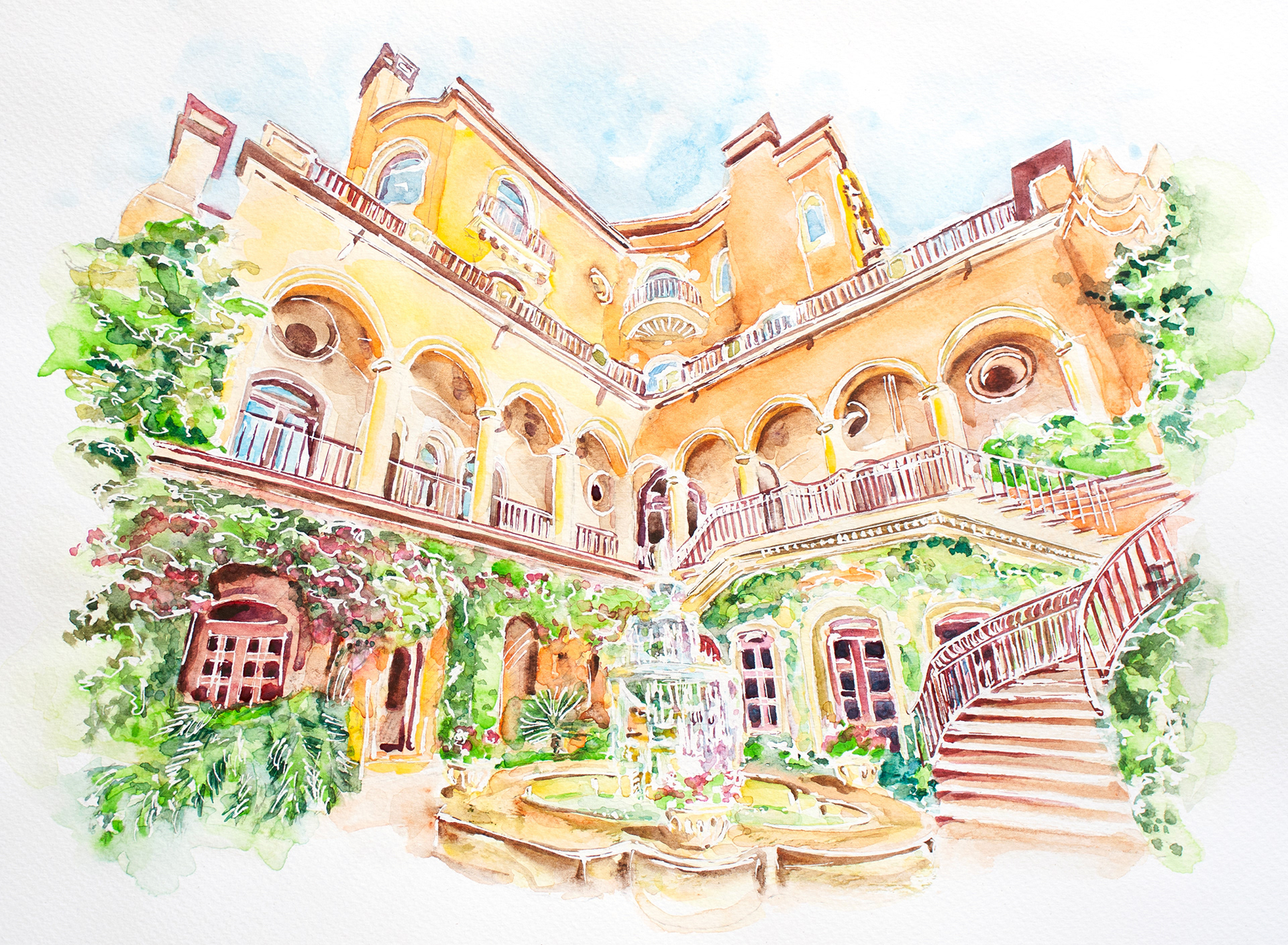 Custom watercolor illustration of the venue called Casa Carino, in San Miguel de Allende, Mexico