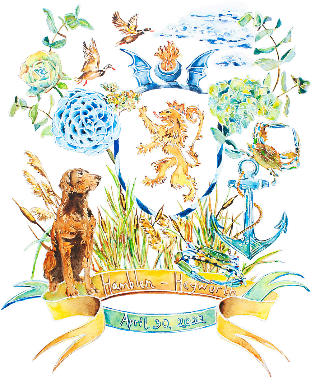 Custom crest with elements of family's coat of arms in it, coastal and hunting theme