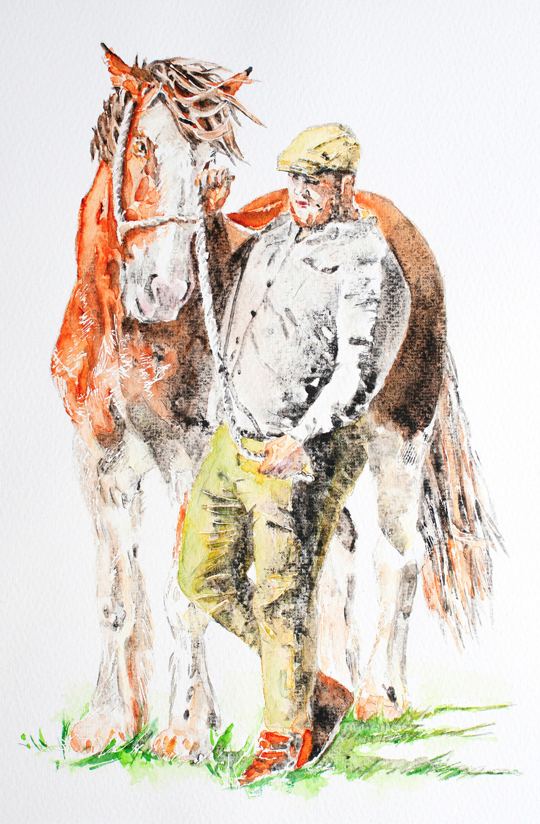 Small watercolor drawing of a horse and its owner, hand-drawn from photo for a client from the UK