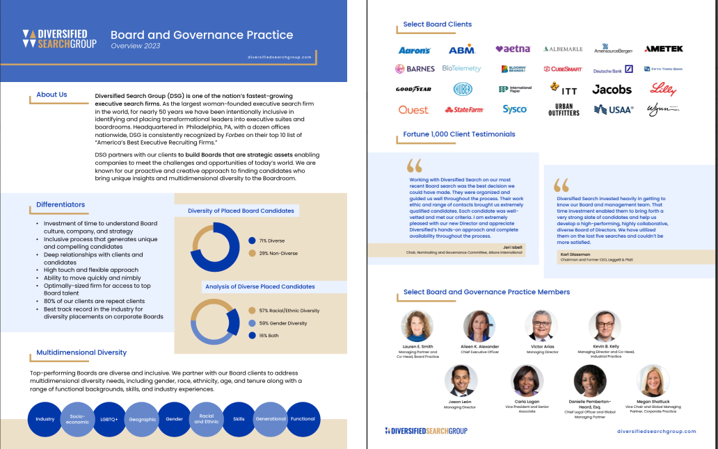 A snapshot of a one-sheet designed for the DSG Global board and governance practice (prior to their spring 2025 rebrand)