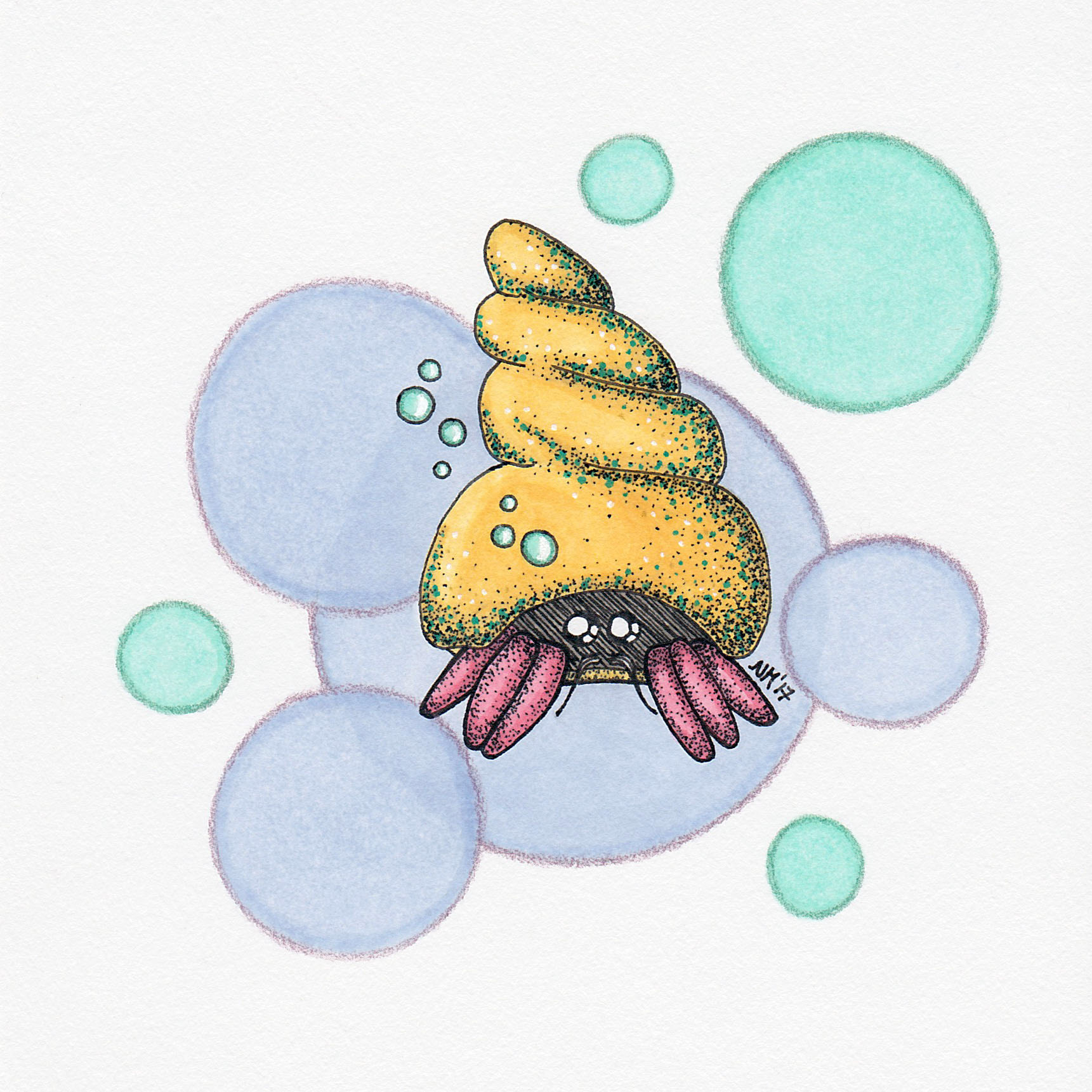 Hermit Crab -Copic Marker + Coloured Pencil + Ink