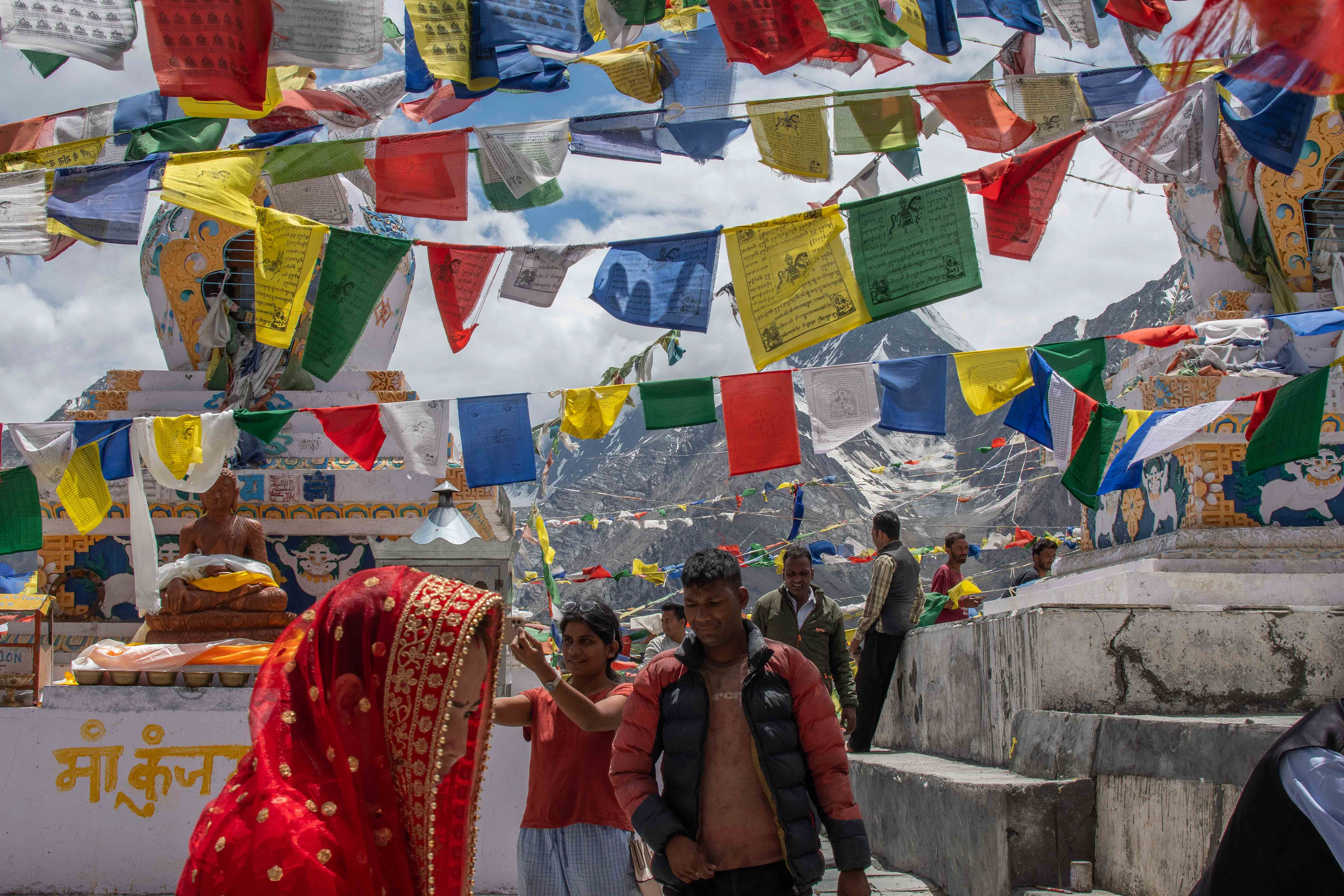 Prayer flags are unique to the tantric sects of Buddhism. When the flags move in the wind the prayers written on them are released.