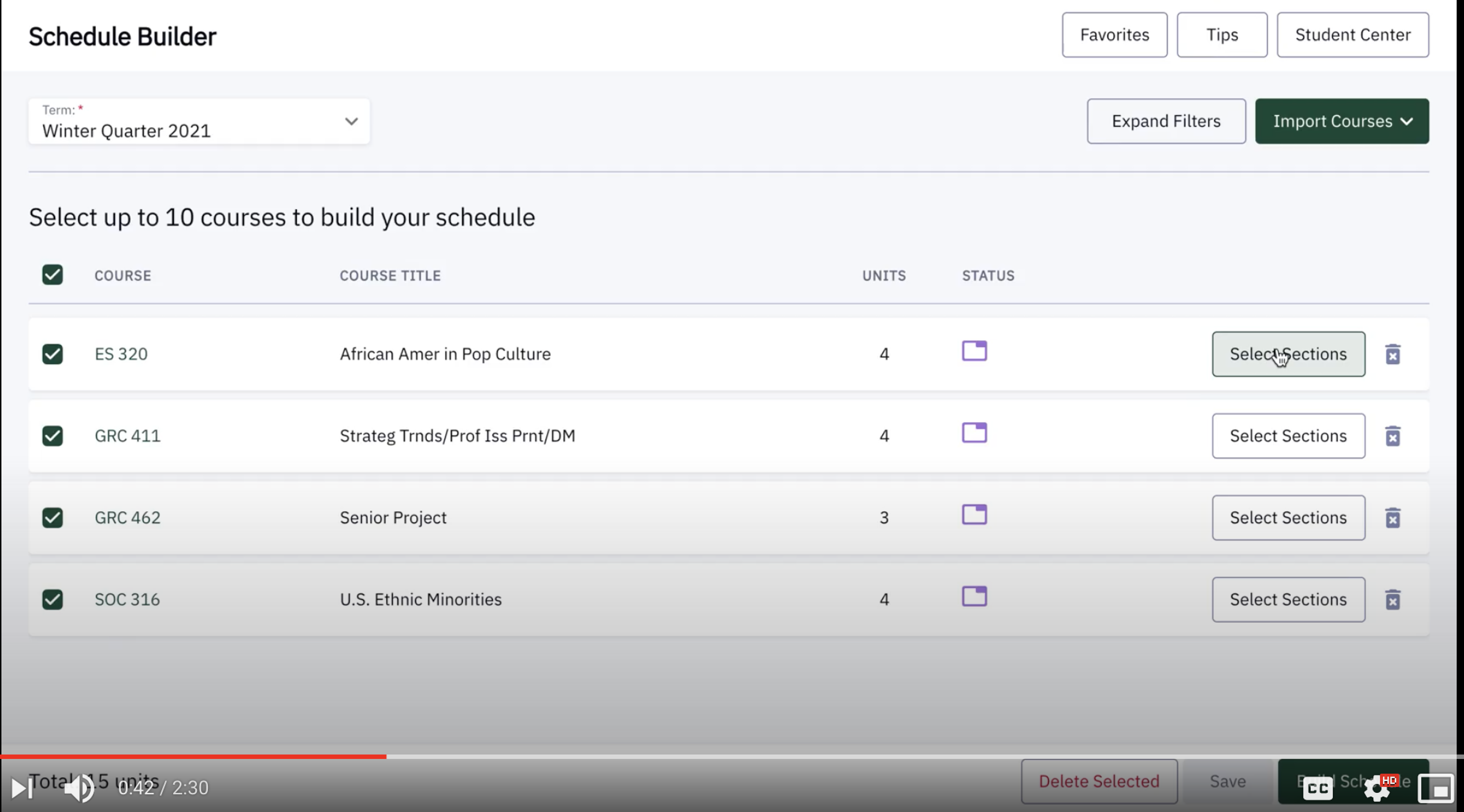 Schedule builder in Cal Poli University shows uses rows of schedule and their details