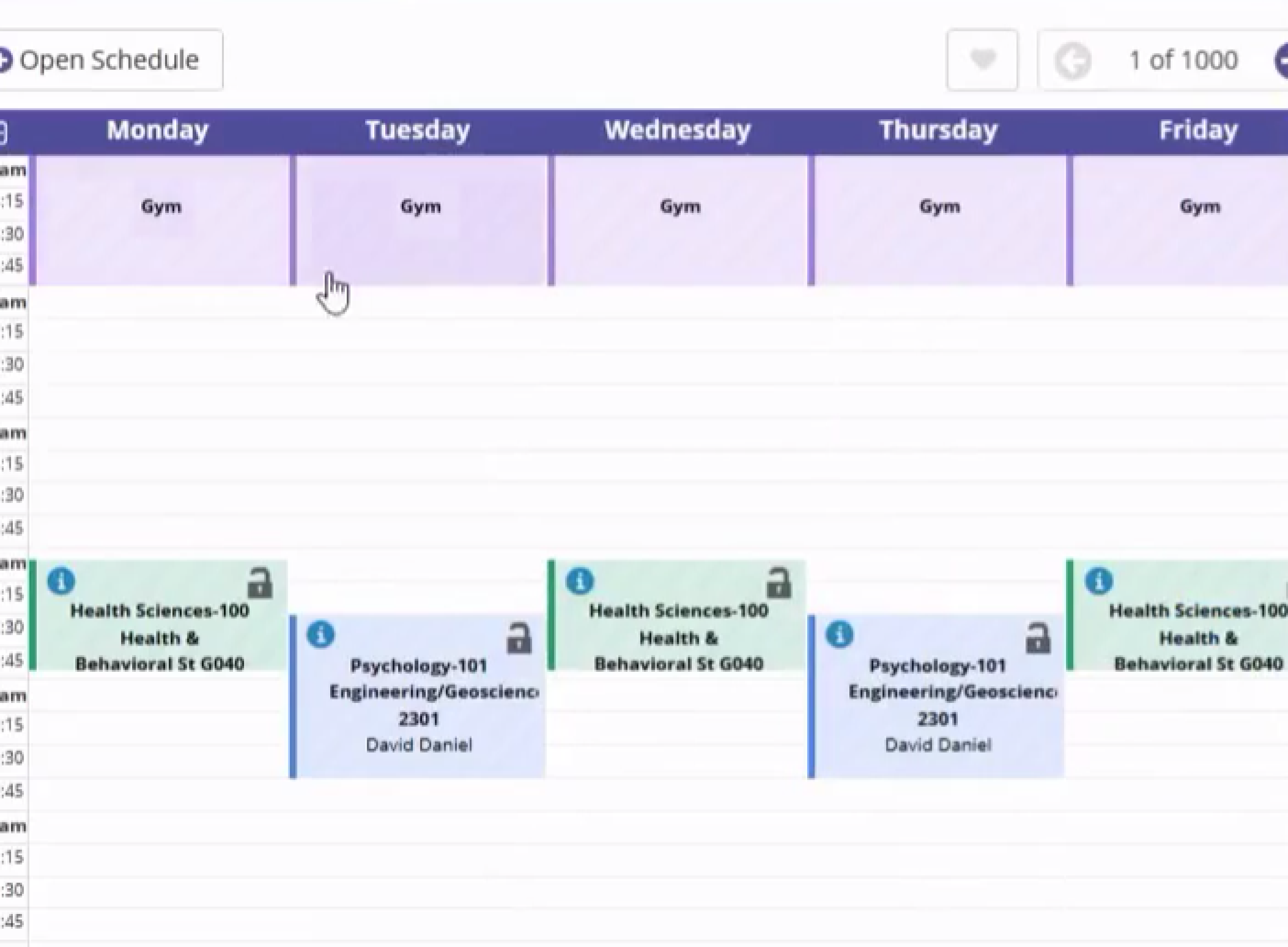 Schedule in James Madison University use block to shows time and date