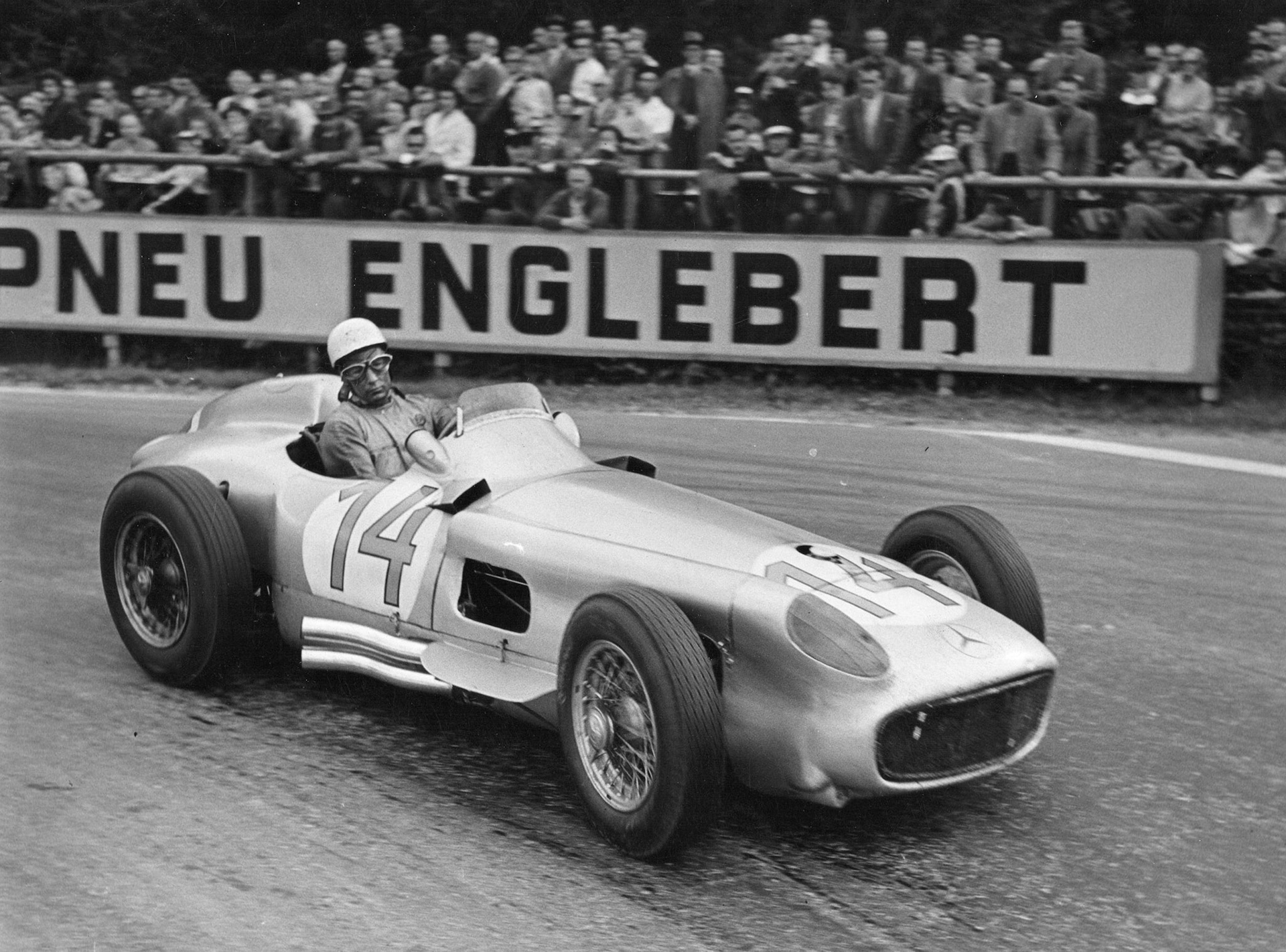 Stirling Moss in action in Belgian Grand Prix in Francorchamps on June 5th, 1955.