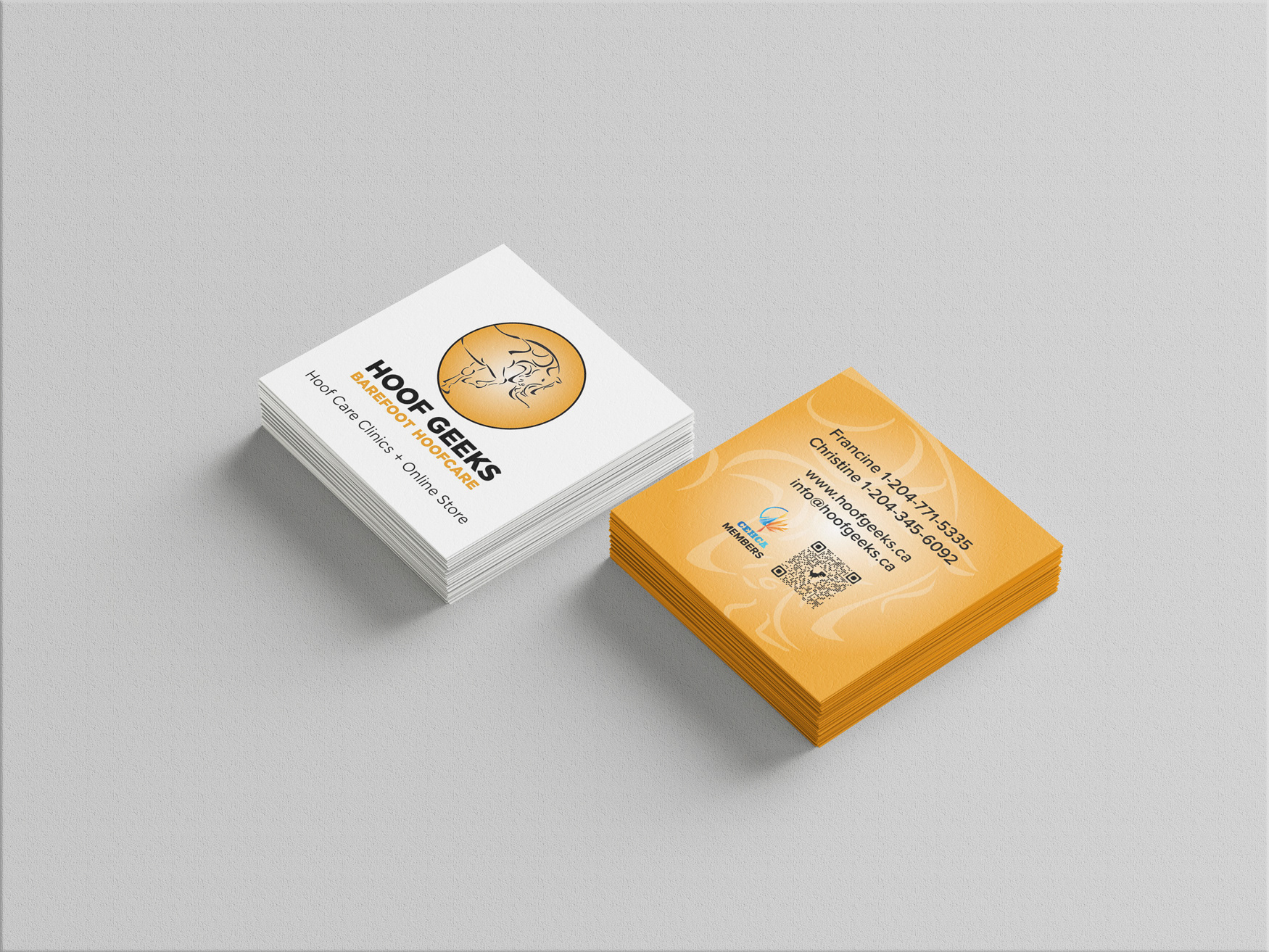 Image of Hoof Geeks Barefoot Hoofcare square business cards stacked in 2 piles