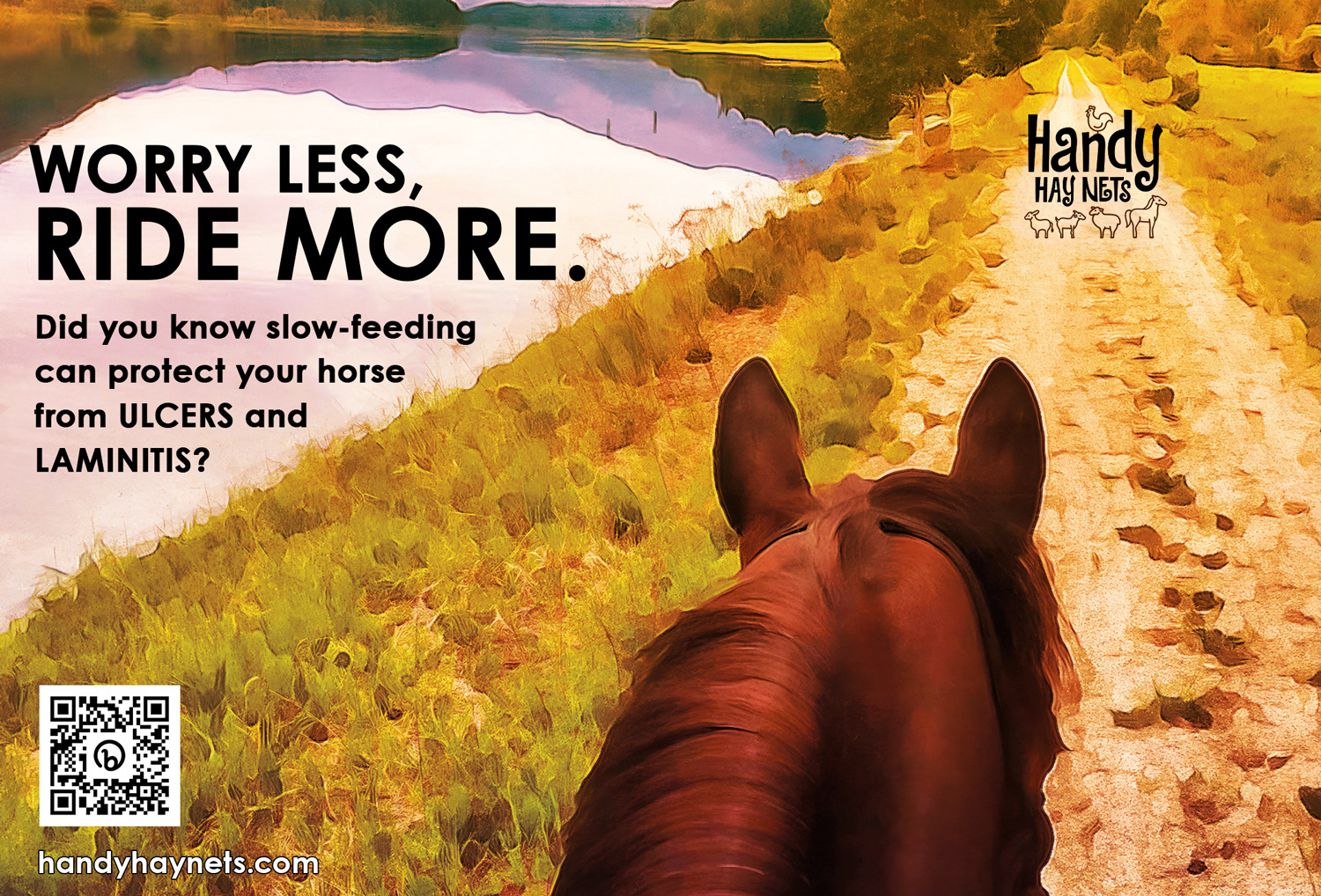 Painterly affected photo of a horse on the slocan valley rail trails for an ad for Handy Hay Nets