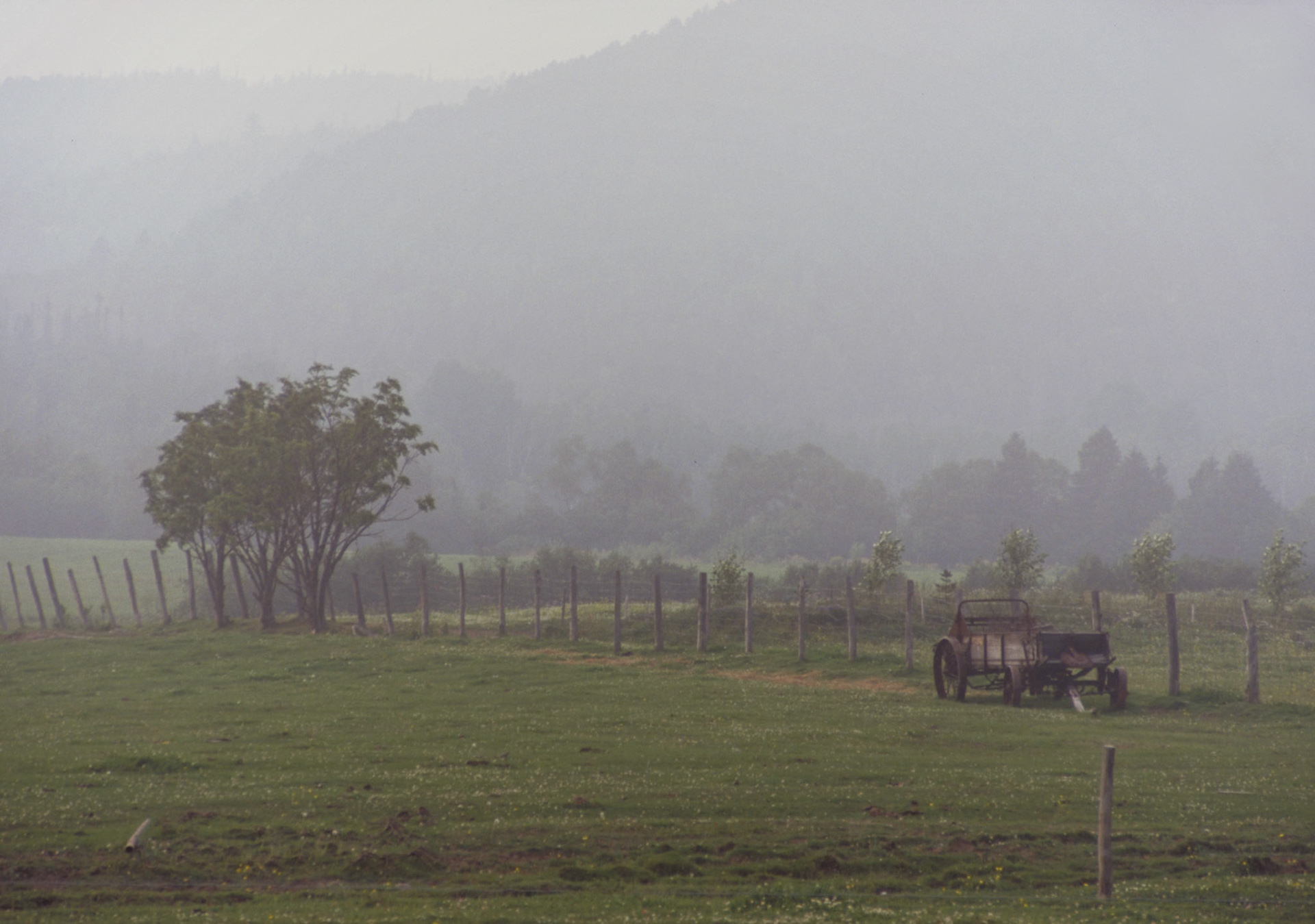 Landscape showing an old rusted carriage in a field. Atmosphere is foggy and shows nice mountains in the background giving the shot a nice depth. Image taken in the region of Charlevoix, Province of Québec, Canada.