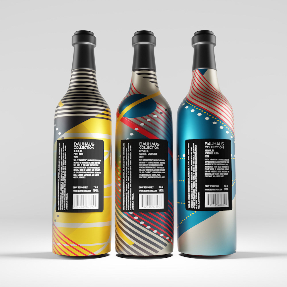 Back view of wine bottles