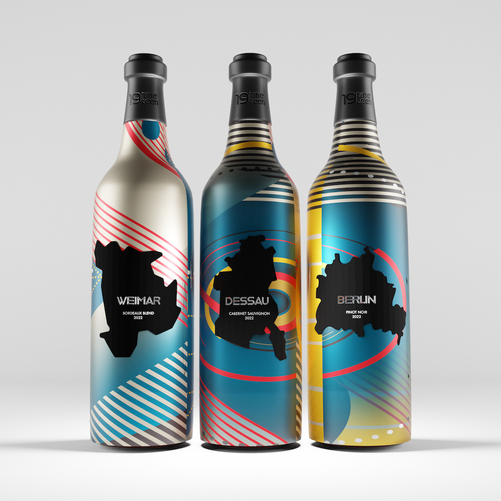 Front view of wine bottles