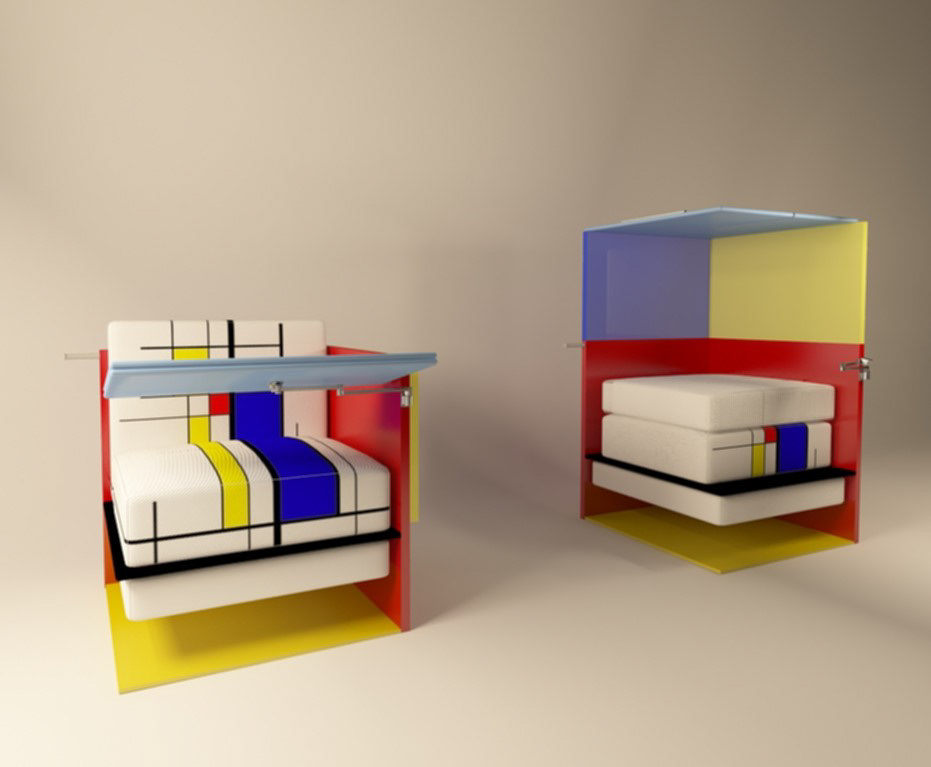 Visualization of the modular chair. Right: Chair transformed into standing workstation