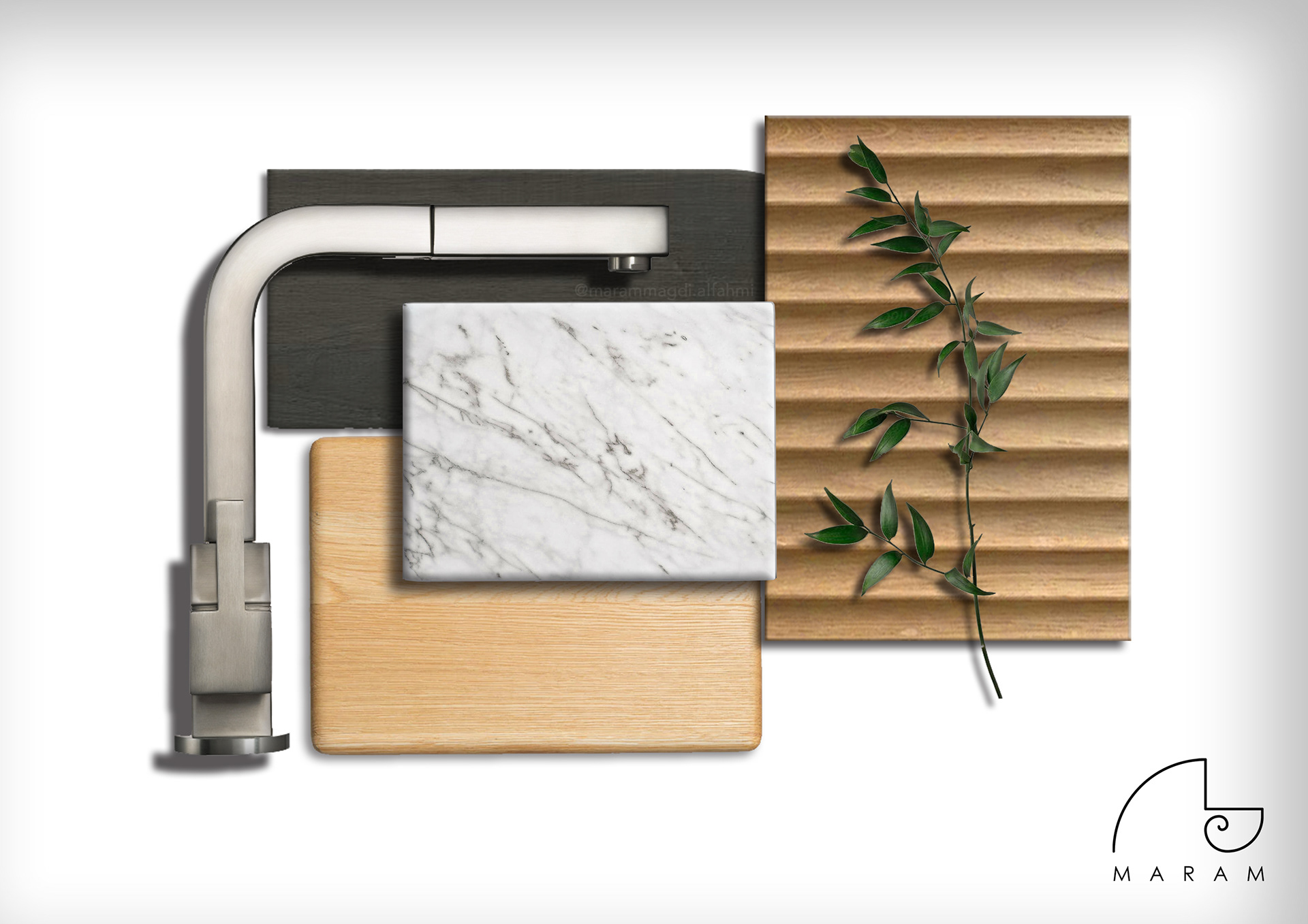 Moodboard contents: white marble, oak veneer and dark grey painted wood