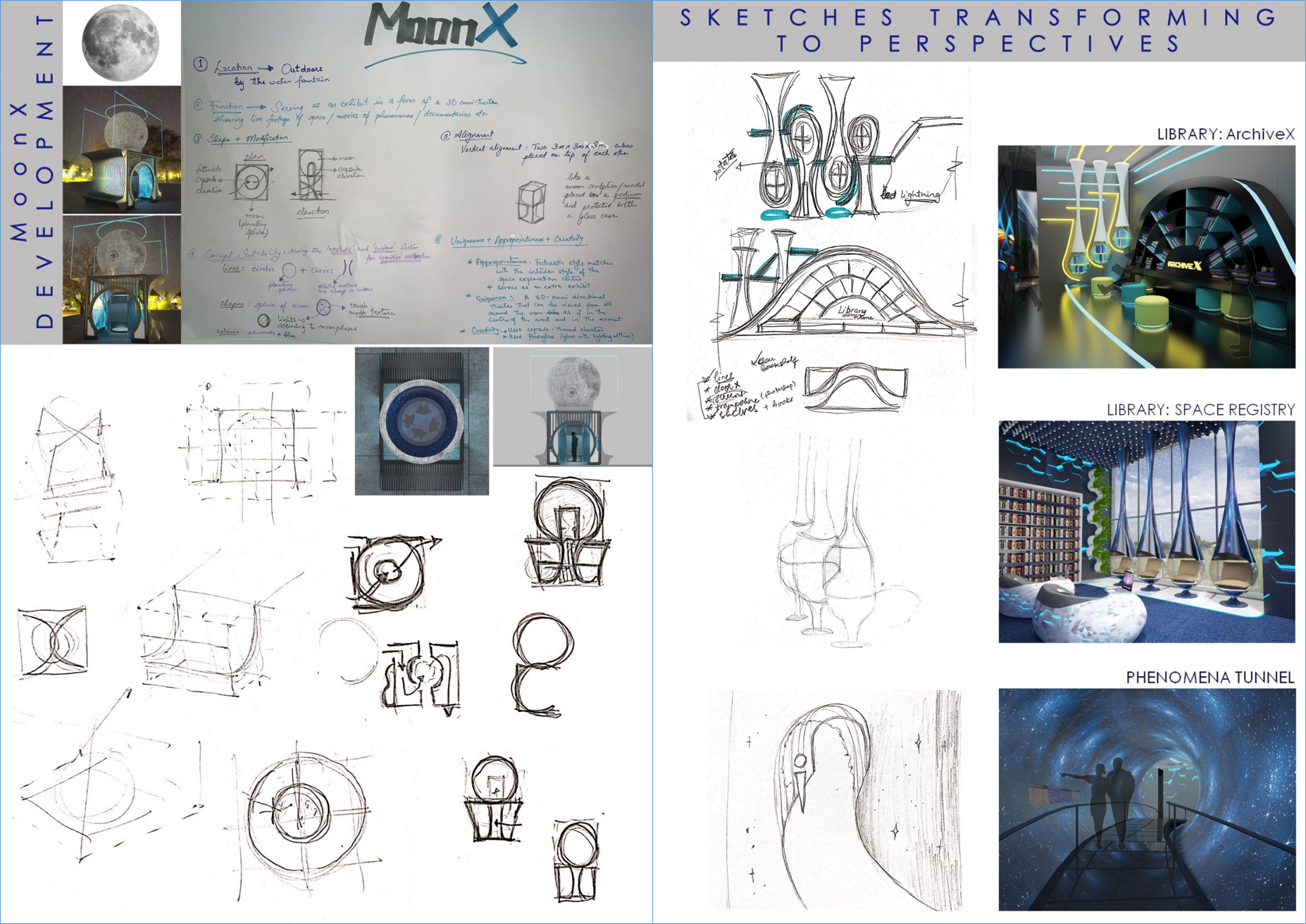 Rough concept sketches transforming into 3D visualizations