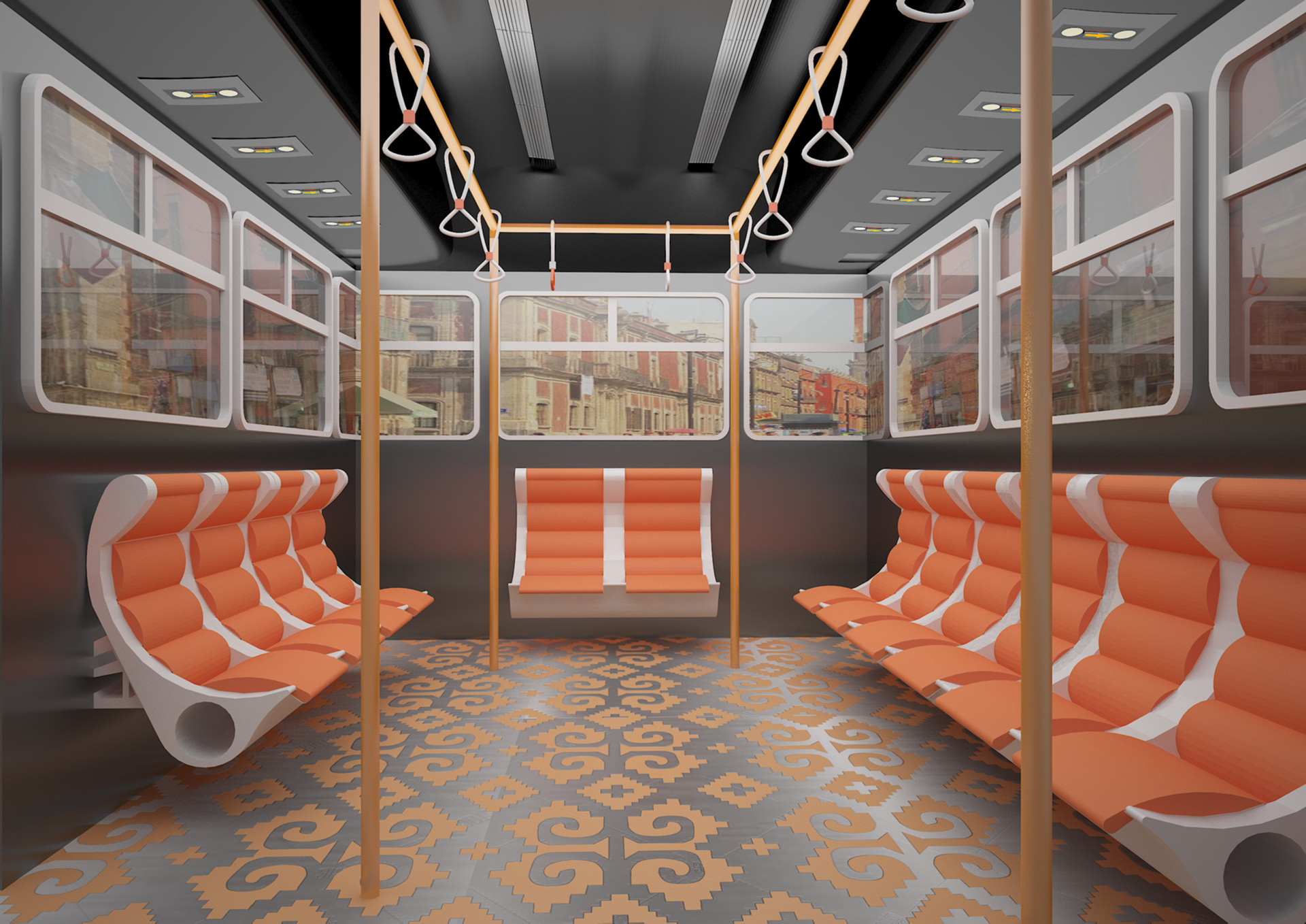 Metro Bus Space: Reading Area. The 'windows' are digital screens that show different Mexican cities, as if looking through windows on a bus.