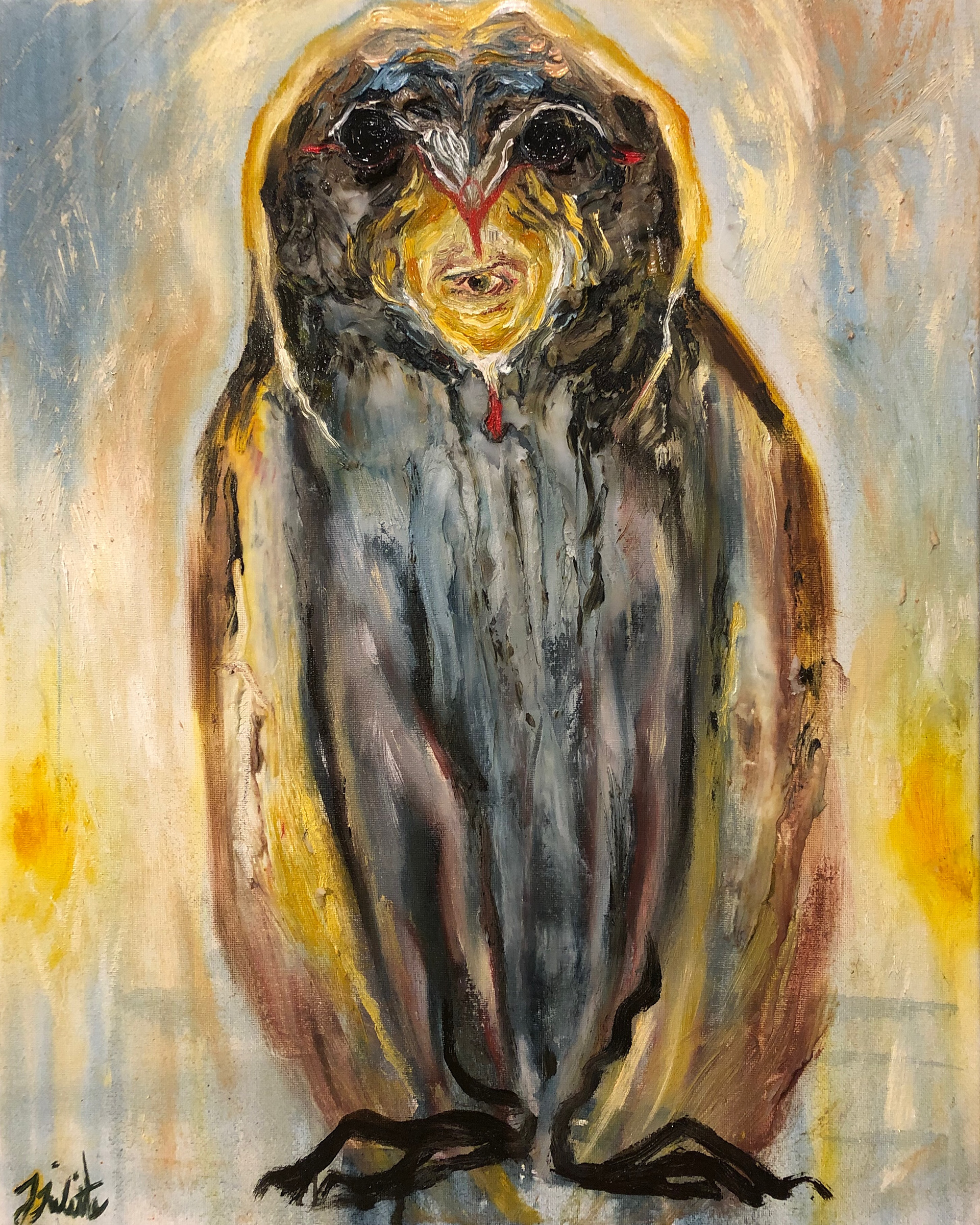 Owl (oil and cold wax)