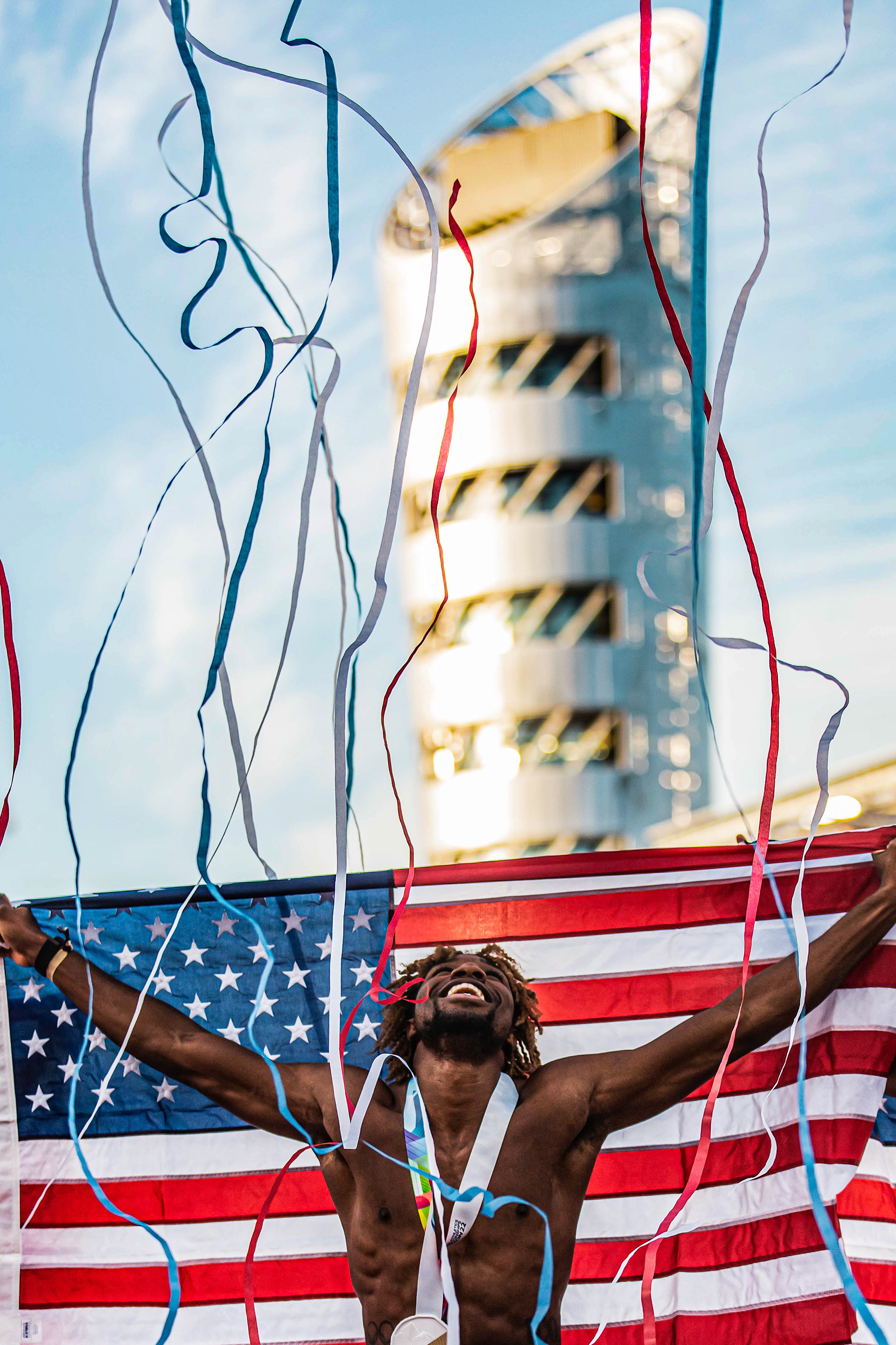 United States sprinter, Noah Lyles celebrates his gold medal win in the mens 200m final as confetti pours down onto the track. Day seven of the 2022 World Athletic Championships takes place at Hayward Field on July 22, 2022. (Maddie Stellingwerf/Emerald)