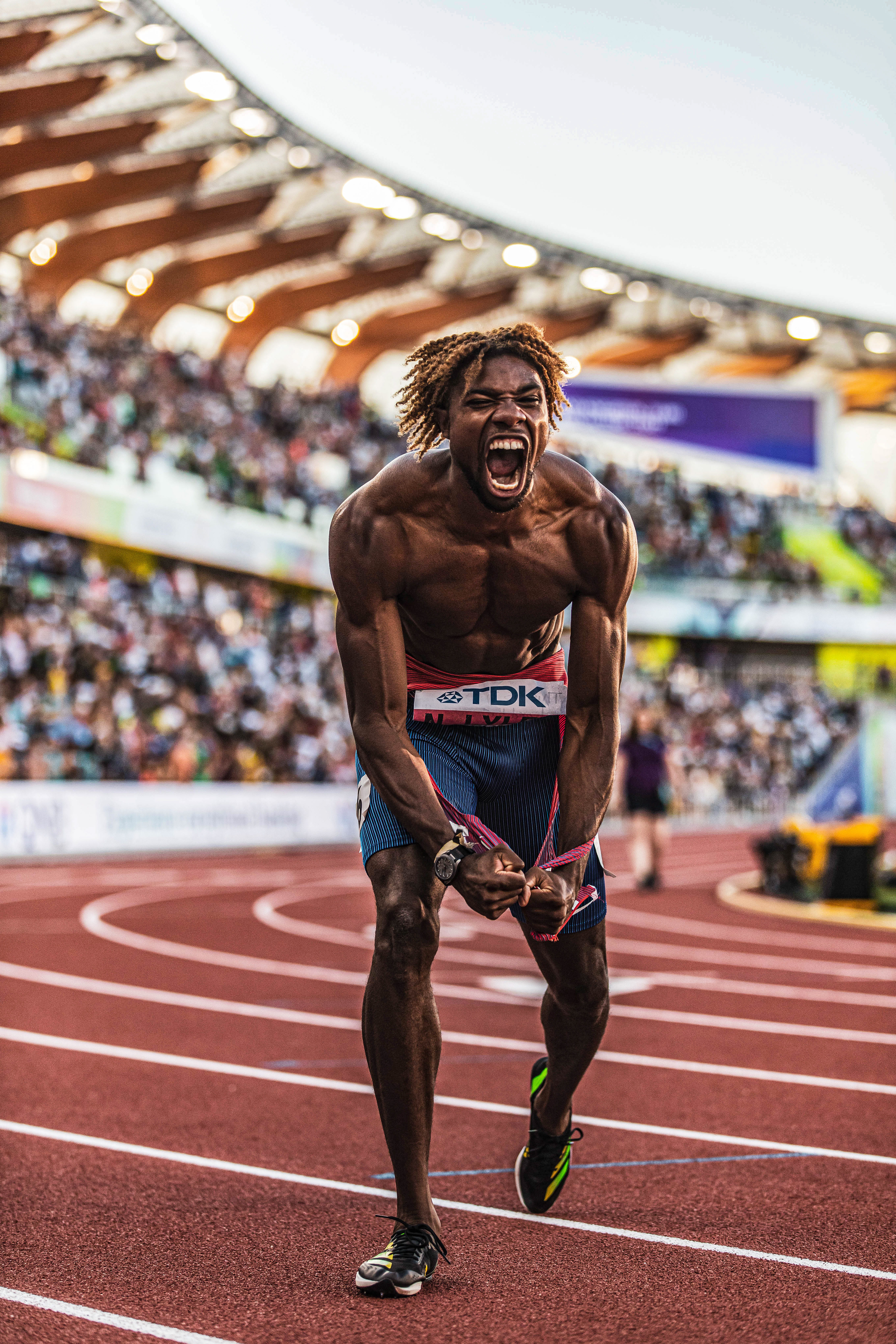 Noah Lyles of the United States, celebrates earning his gold medal in the mens 200m final. Day seven of the 2022 World Athletic Championships takes place at Hayward Field on July 22, 2022. (Maddie Stellingwerf/Emerald)