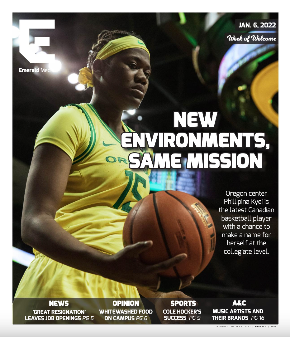 Ducks center Phillipina Kyei (15) grabs the ball from the sidelines after going out. Oregon Ducks Women's Basketball faces Westmont College Warriors for an exhibition game on Nov. 6, 2021, at Matthew Knight Arena. (Maddie Stellingwerf/Emerald)